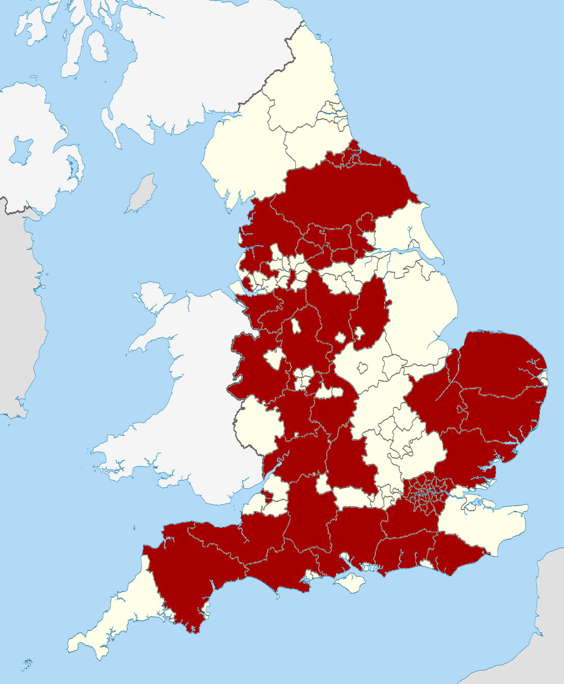 English counties with records of the church of England available on Ancestry [OC] Visualization