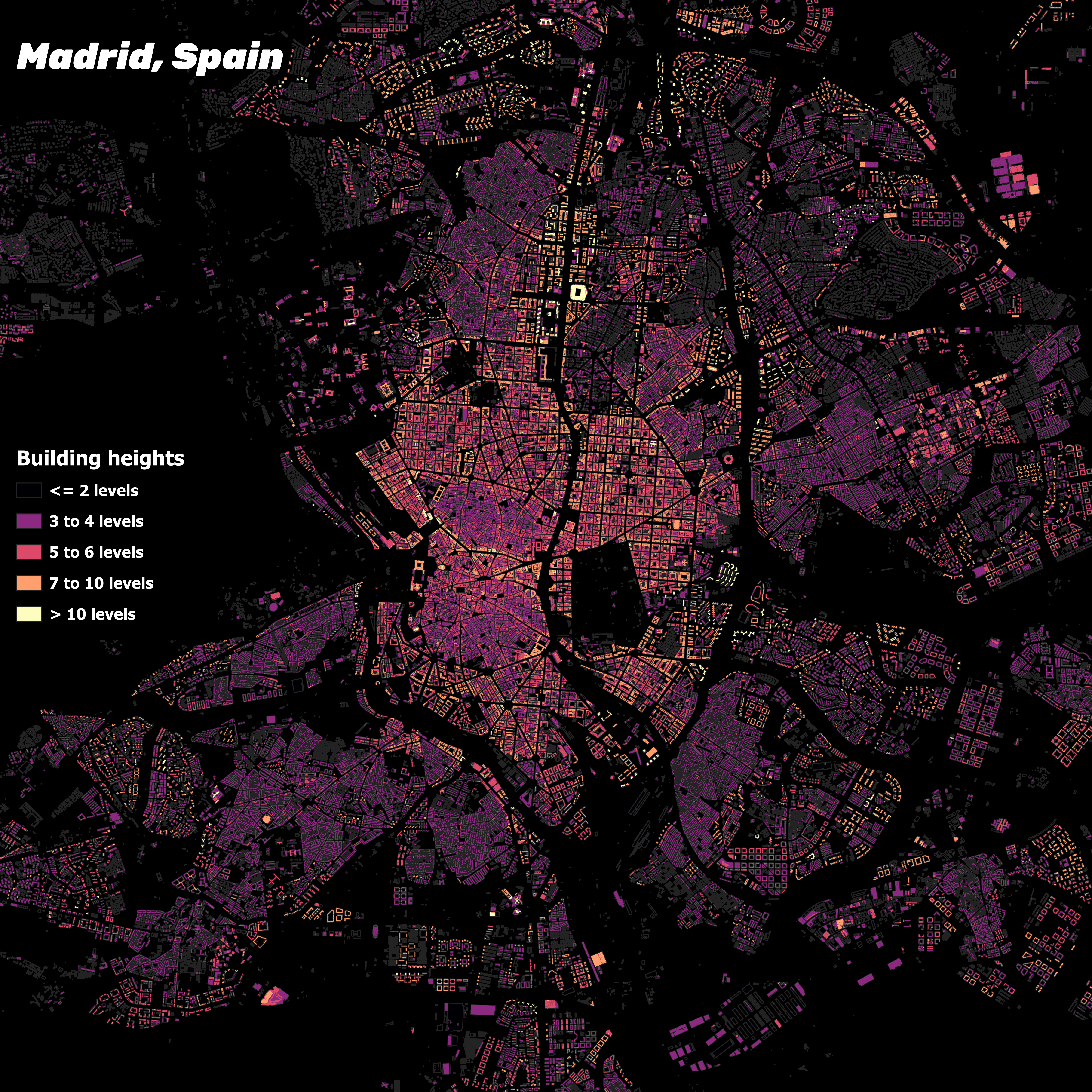 [oc] Bulding heights in Madrid, Spain Visualization