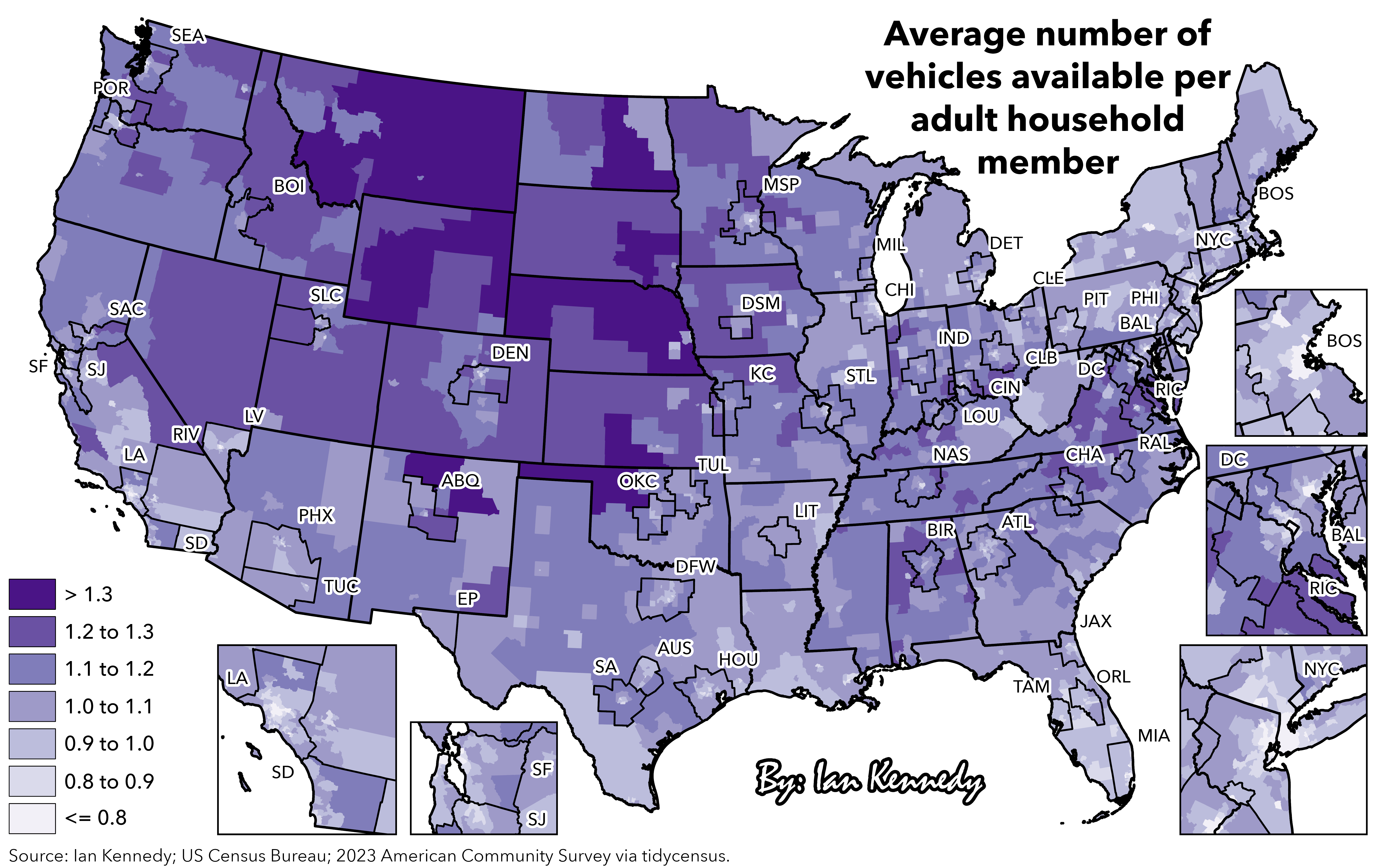 Average number of vehicles available per adult household member [OC] Visualization