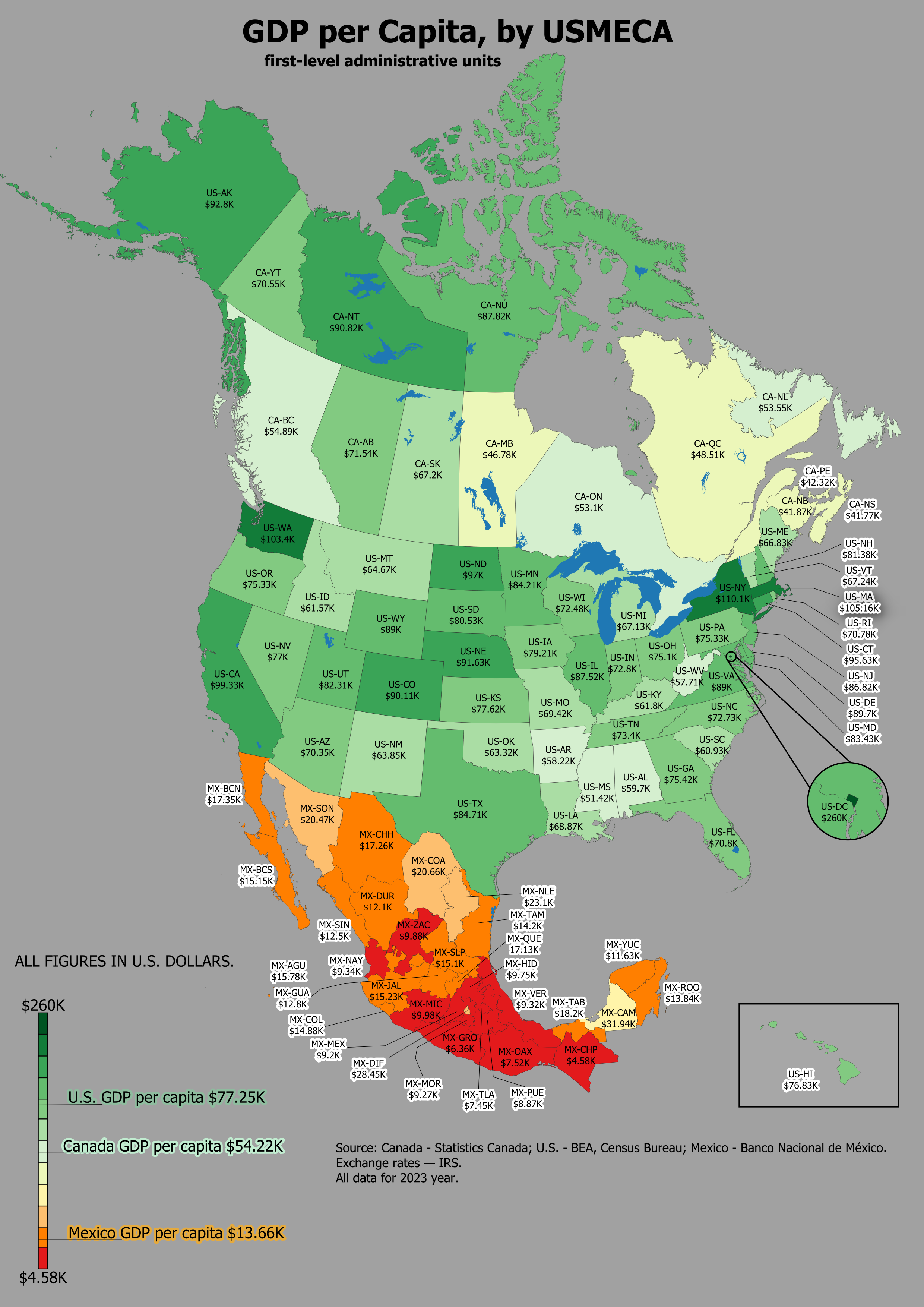 GDP per Capita, by USMECA first-level administrative units, 2023. Visualization