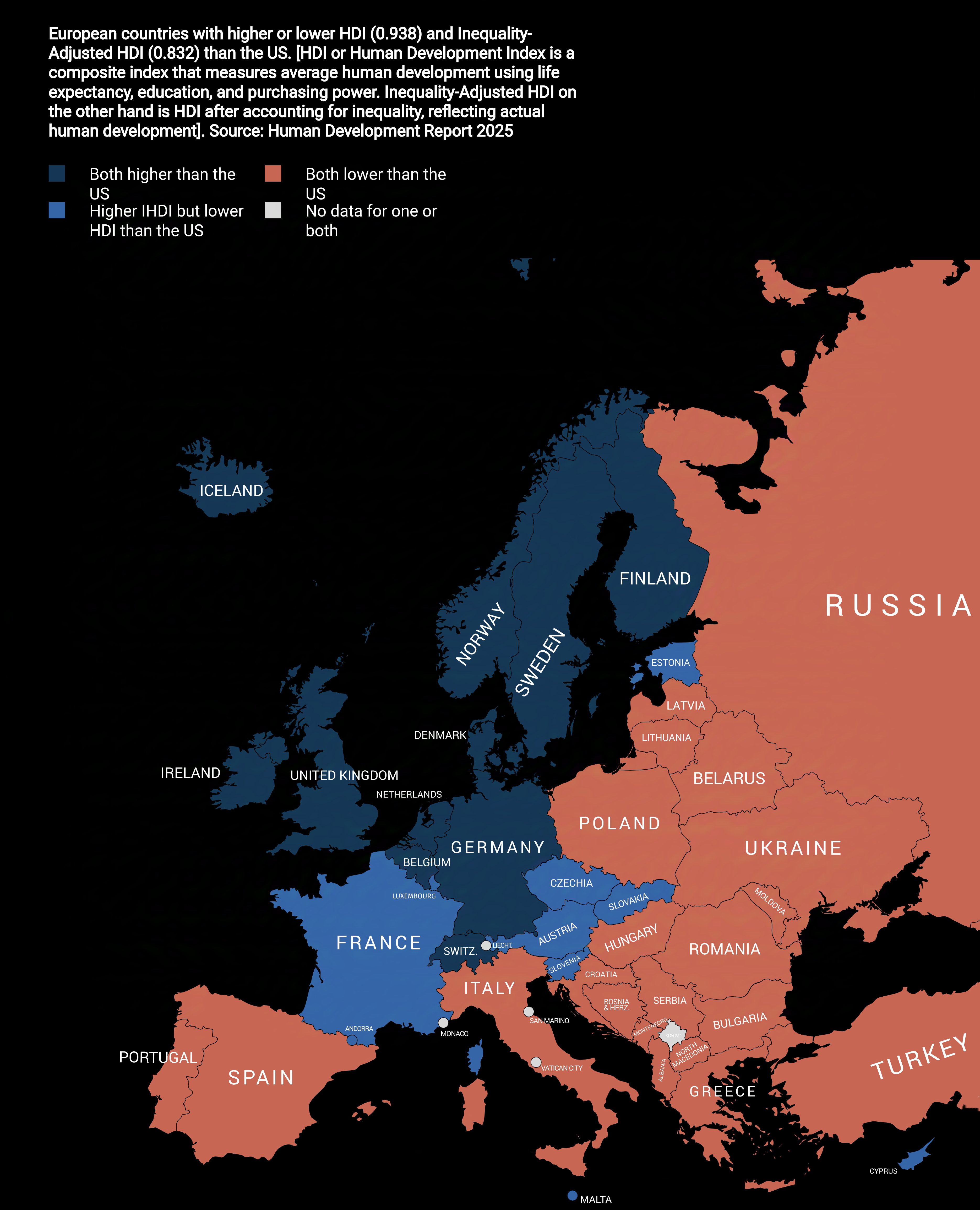[OC] How European countries compare to the US in HDI vs Inequality-Adjusted HDI (2025) Comparison