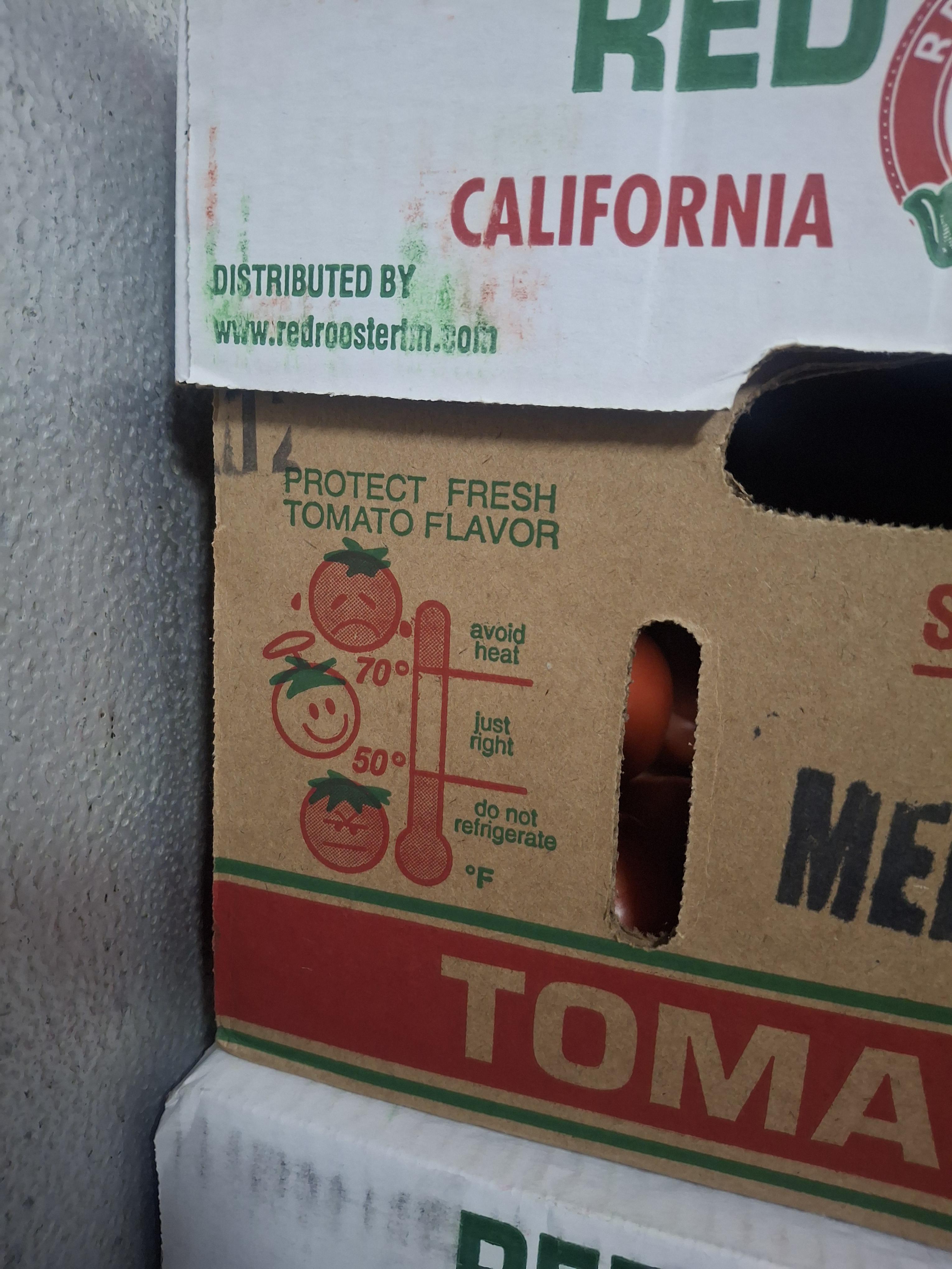 Our new tomato supplier has this cool infographic on the box (that we keep in the walk-in, at Β°37F) Our new tomato supplier has this cool infographic on the box (that we keep in the walk-in, at Β°37F)