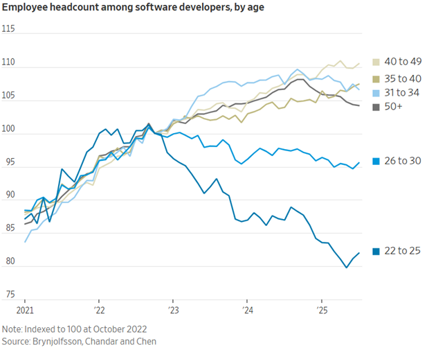 New evidence of AI’s impact on the job market — Stanford economists found that early career employment has weakened in occupations vulnerable to AI automation (eg: software engineers and customer service reps) Visualization New evidence of AI’s impact on the job market — Stanford economists found that early career employment has weakened in occupations vulnerable to AI automation (eg: software engineers and customer service reps) Visualization