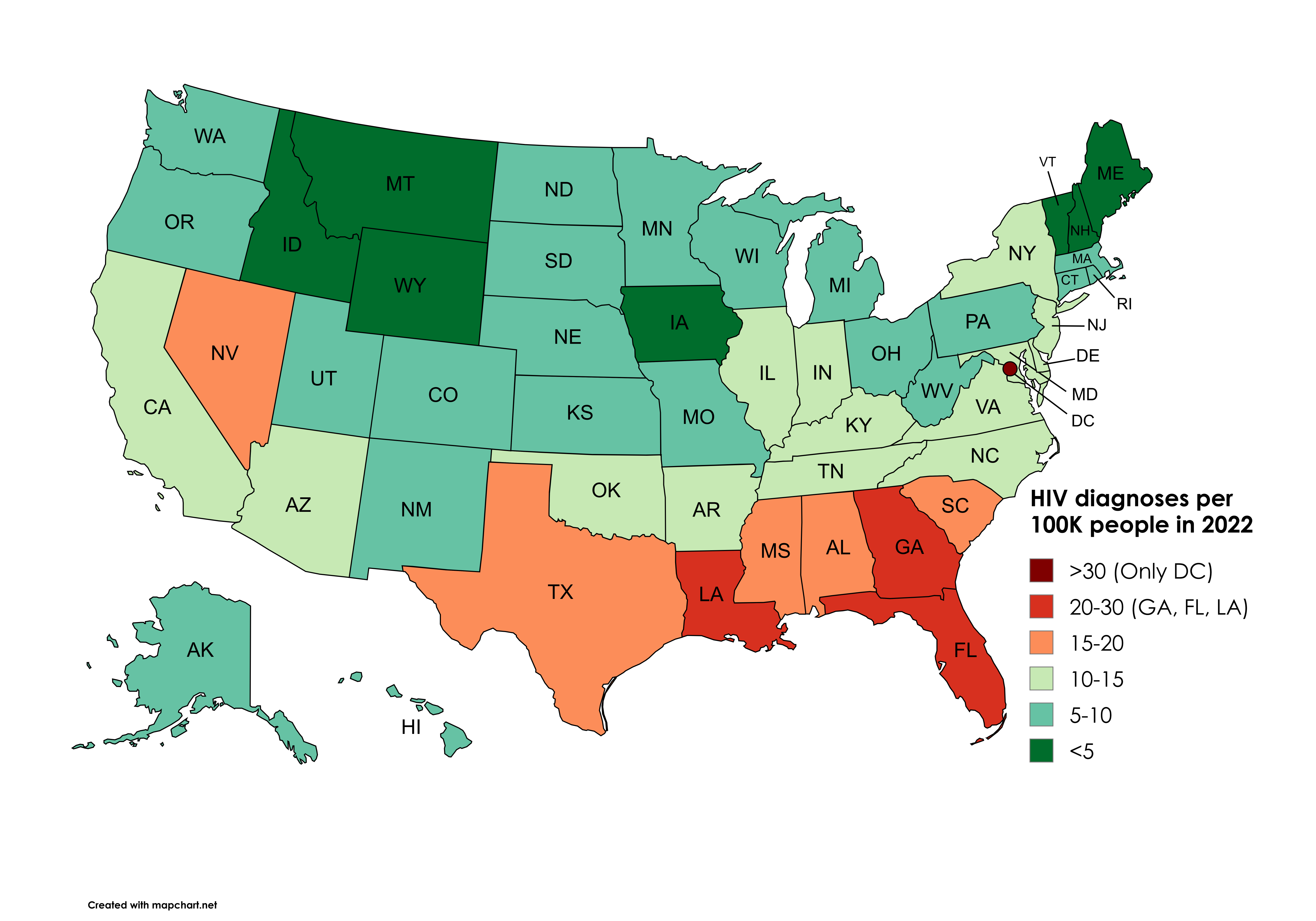 [OC] HIV diagnoses per 100K people in 2022 by US state Visualization