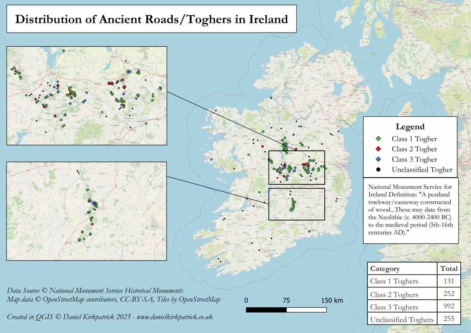[OC] Distribution of prehistoric roads or toghers across Ireland Visualization