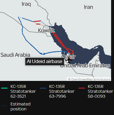 US Stratotanker flight paths near Iran on January 11th (Flightradar24) Visualization