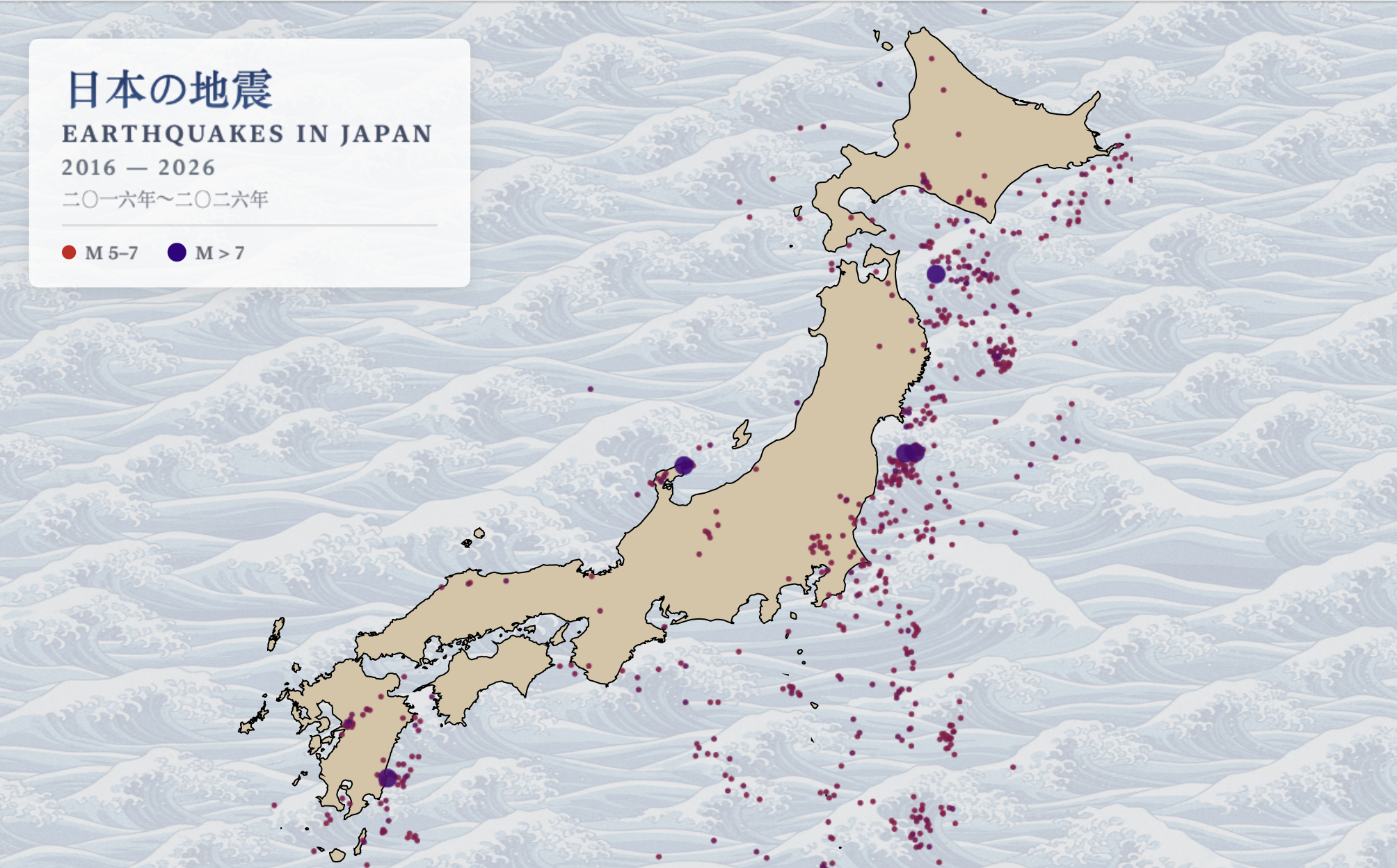 Map of Mag 5+ Earthquakes in Japan (last 10 years) - [OC] Visualization