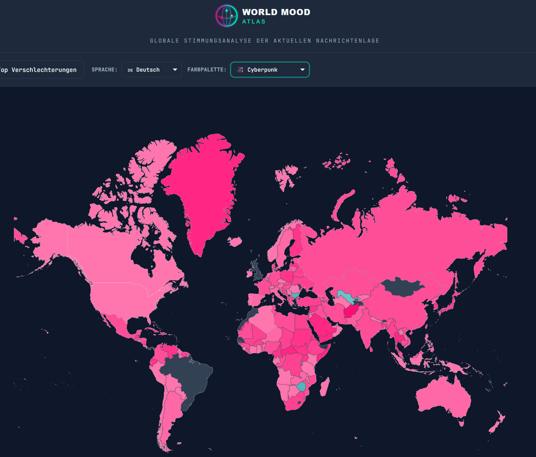 [OC] Real-time sentiment analysis of global news headlines for 236 countries and regions, visualized as a geographic heat map.