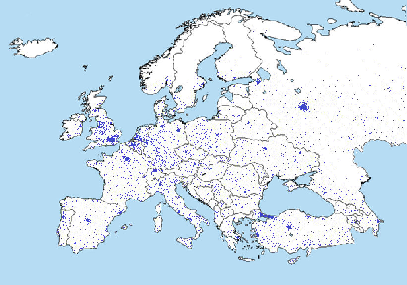 each dot/pixel equals 100000 people in Europe [OC] Visualization