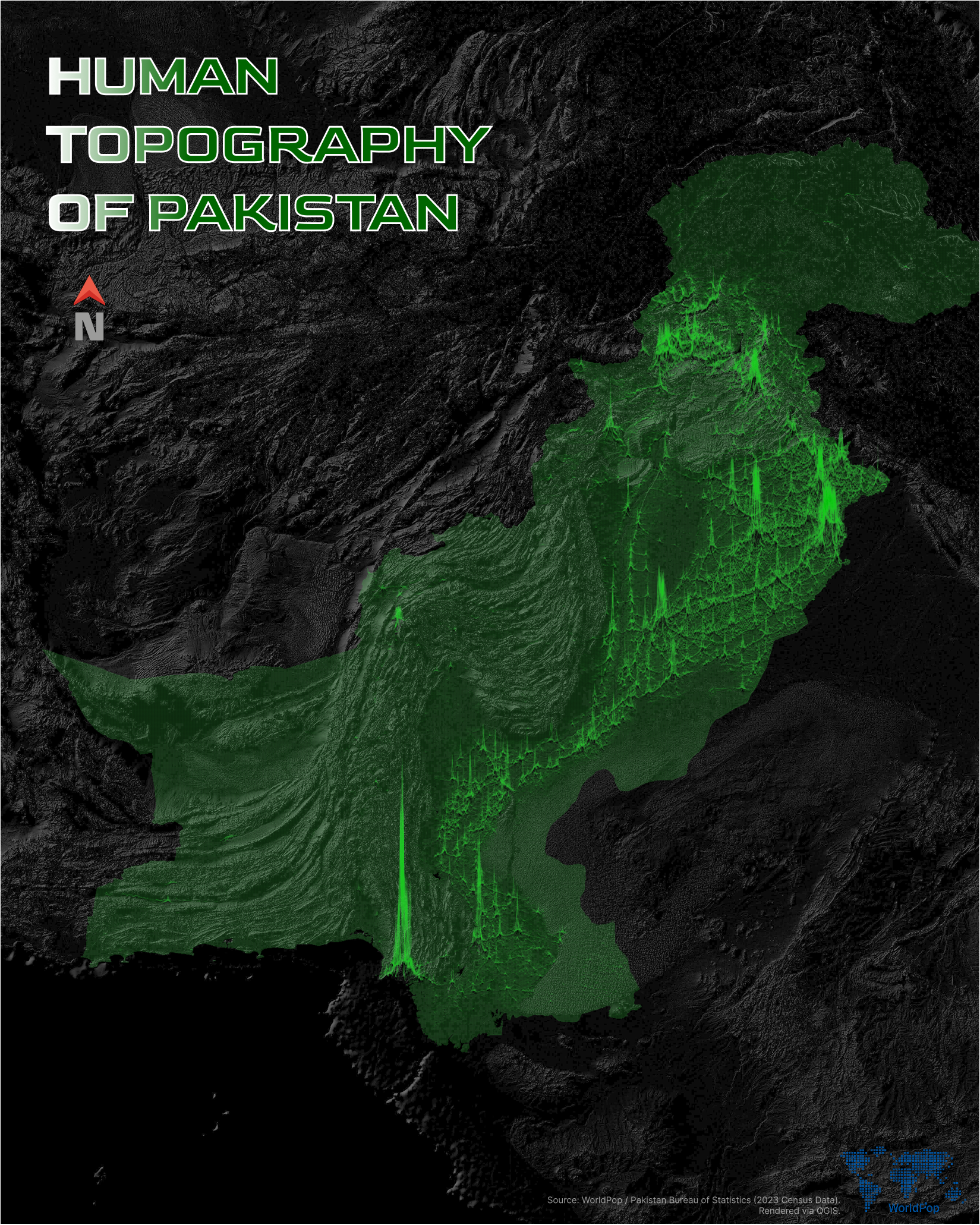 Pakistan’s population density mapped as a 3D topography (2023 Census Data) [OC]