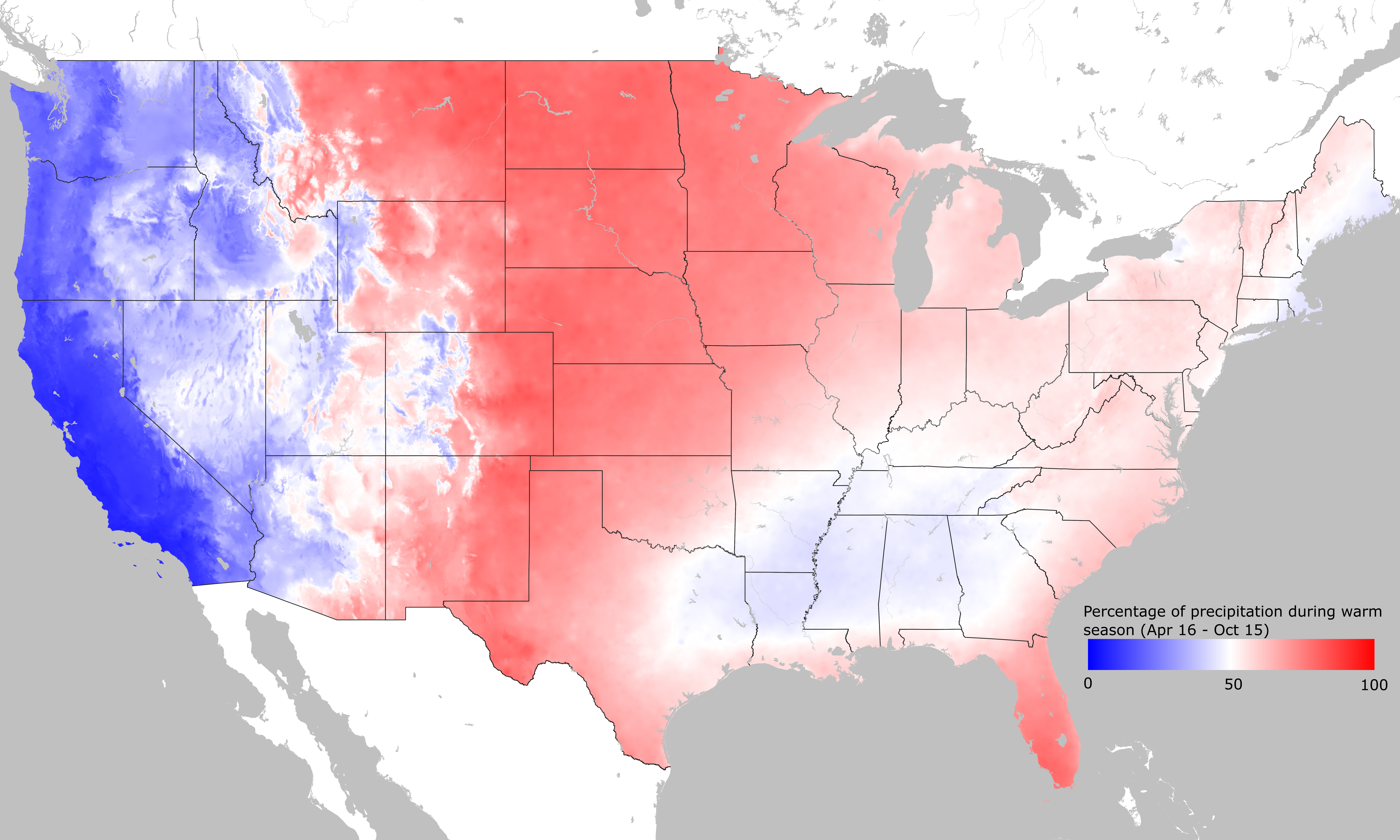 [OC] Seasonality of precipitation in the contiguous United States Visualization