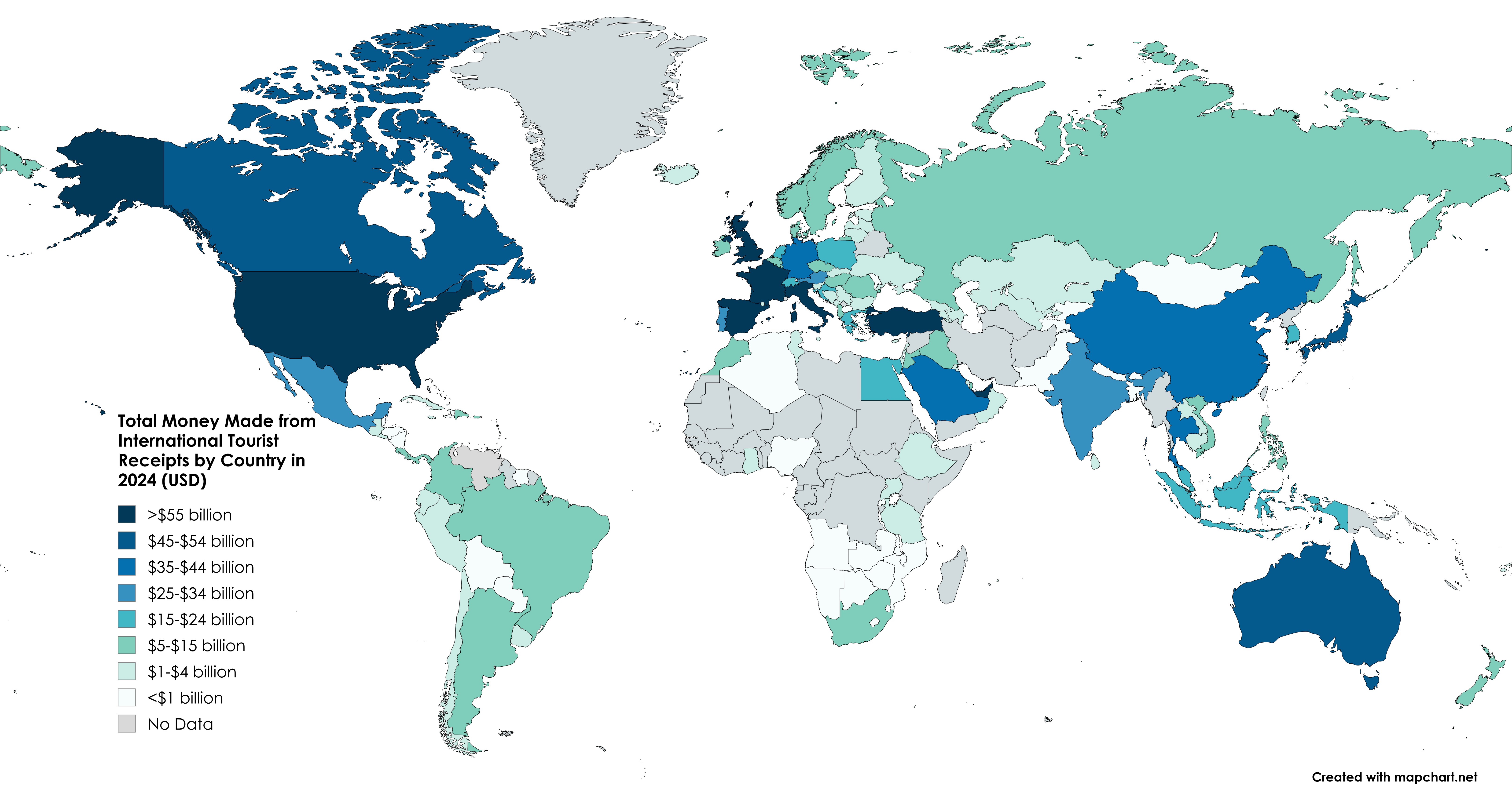 Total Money Made from International Tourism Receipts by Country in 2024 (USD) [OC] Visualization