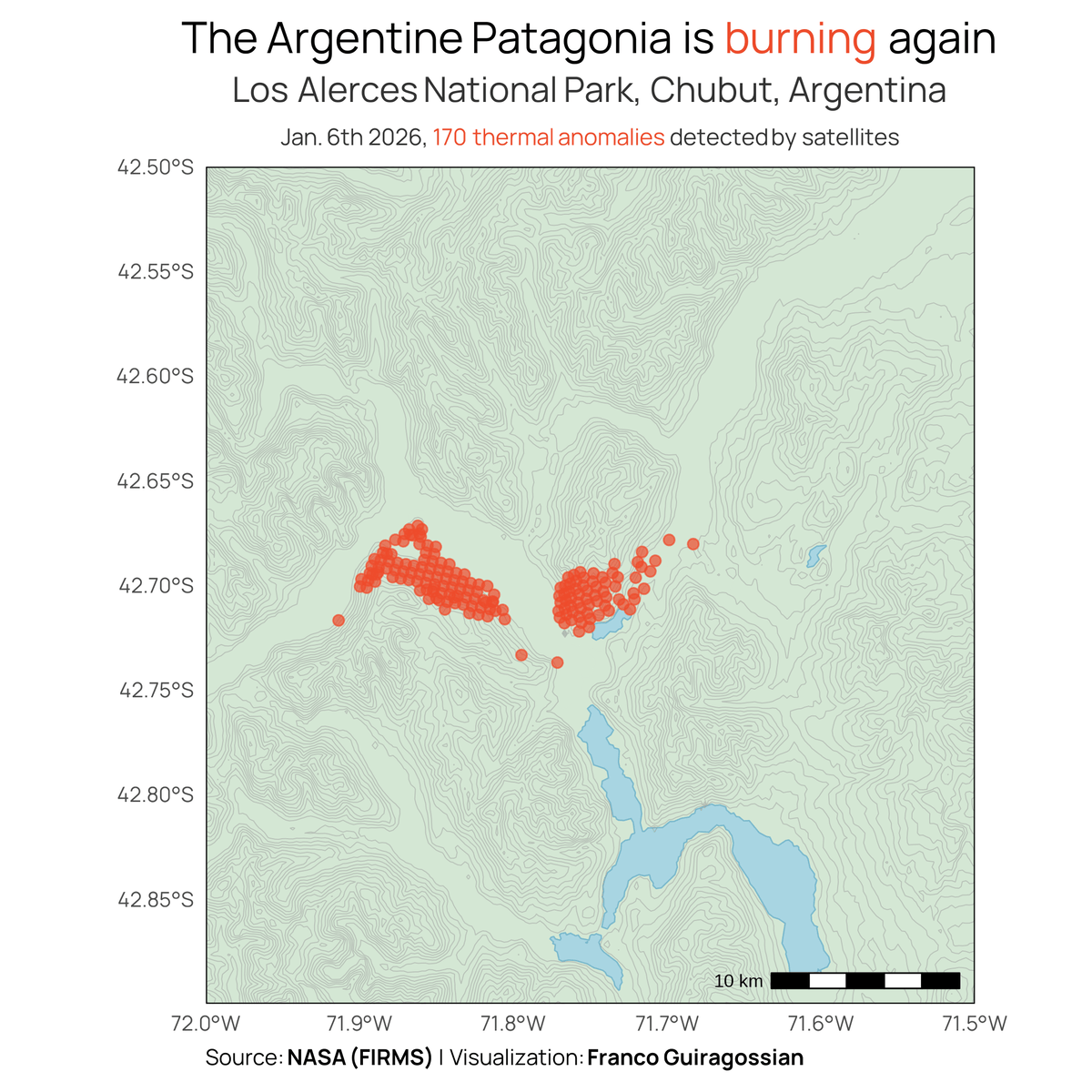 [OC] Not beautiful, but real: The Argentine Patagonia is on fire again Visualization