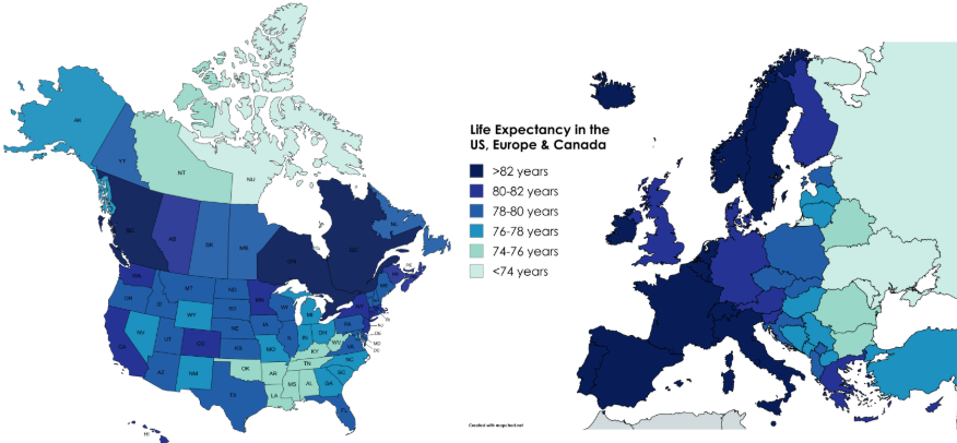 Life Expectancy in the US, Europe and Canada [OC] Visualization