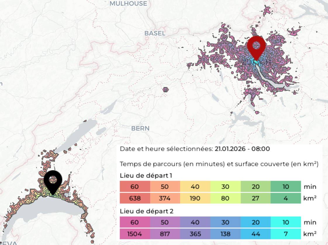 [OC] Public Transport: comparison between cities of Zürich and Lausanne, one hour journey, everywhere you can go Comparison