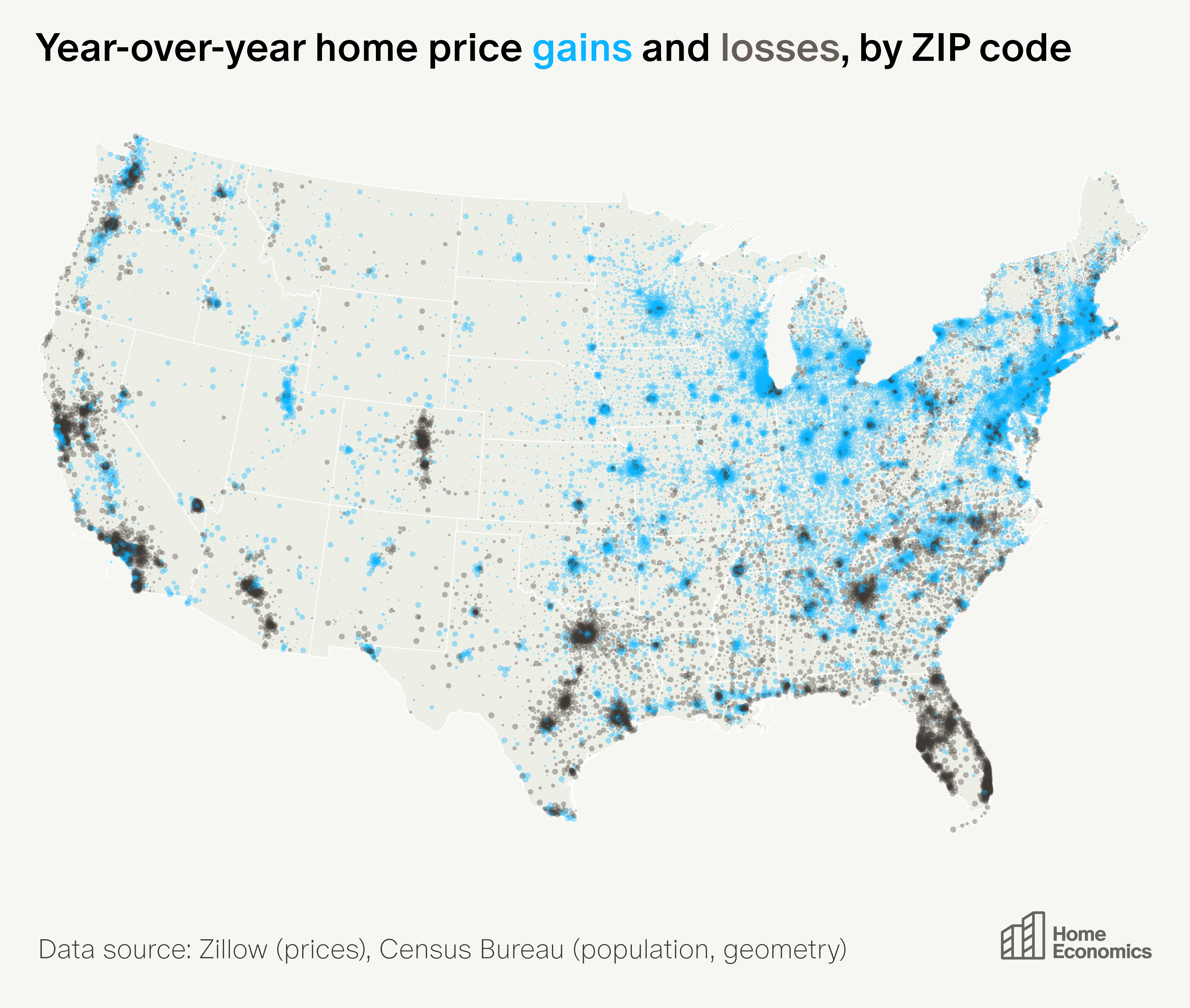 [OC] Home Price Gainers and Losers, by ZIP, in 2025 Visualization
