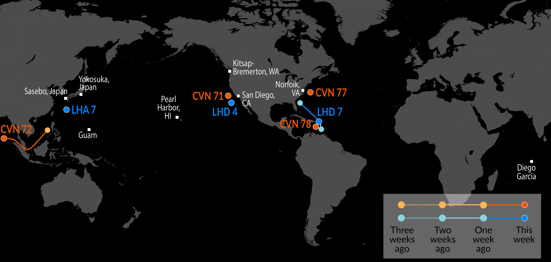 Jan 22nd US Navy tracking - USS Iwo Jima (LHD-7) returns to the Mediterranean after taking Nicolás Maduro to New York. USS Abraham Lincoln (CVN-72) heads to the Middle East. Visualization