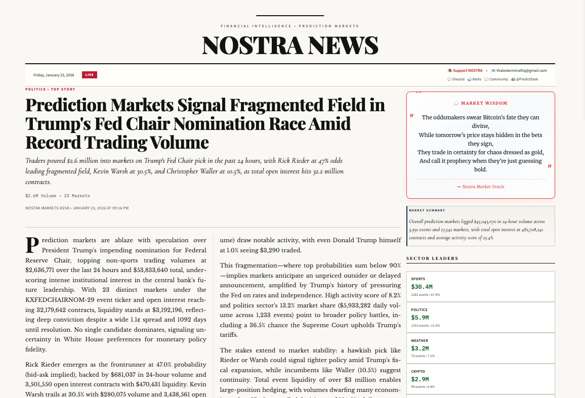 [OC] Prediction MArkets Data Scraped and Summarized by LLM in Newspaper UI Statistics