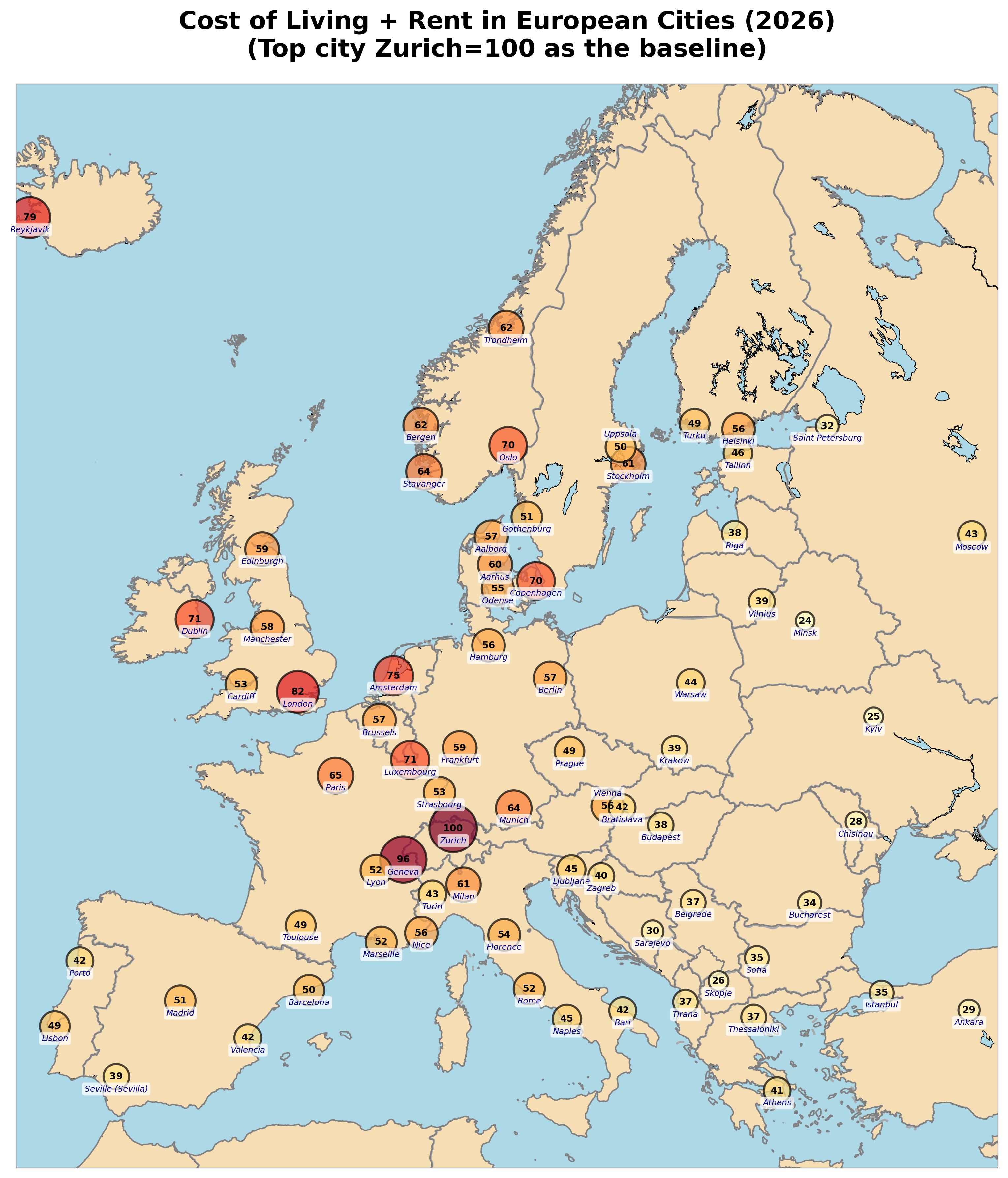 [OC] Cost of Living (rent included) in European Cities in 2026 (Normalized by top city Zurich=100 as the baseline) Visualization