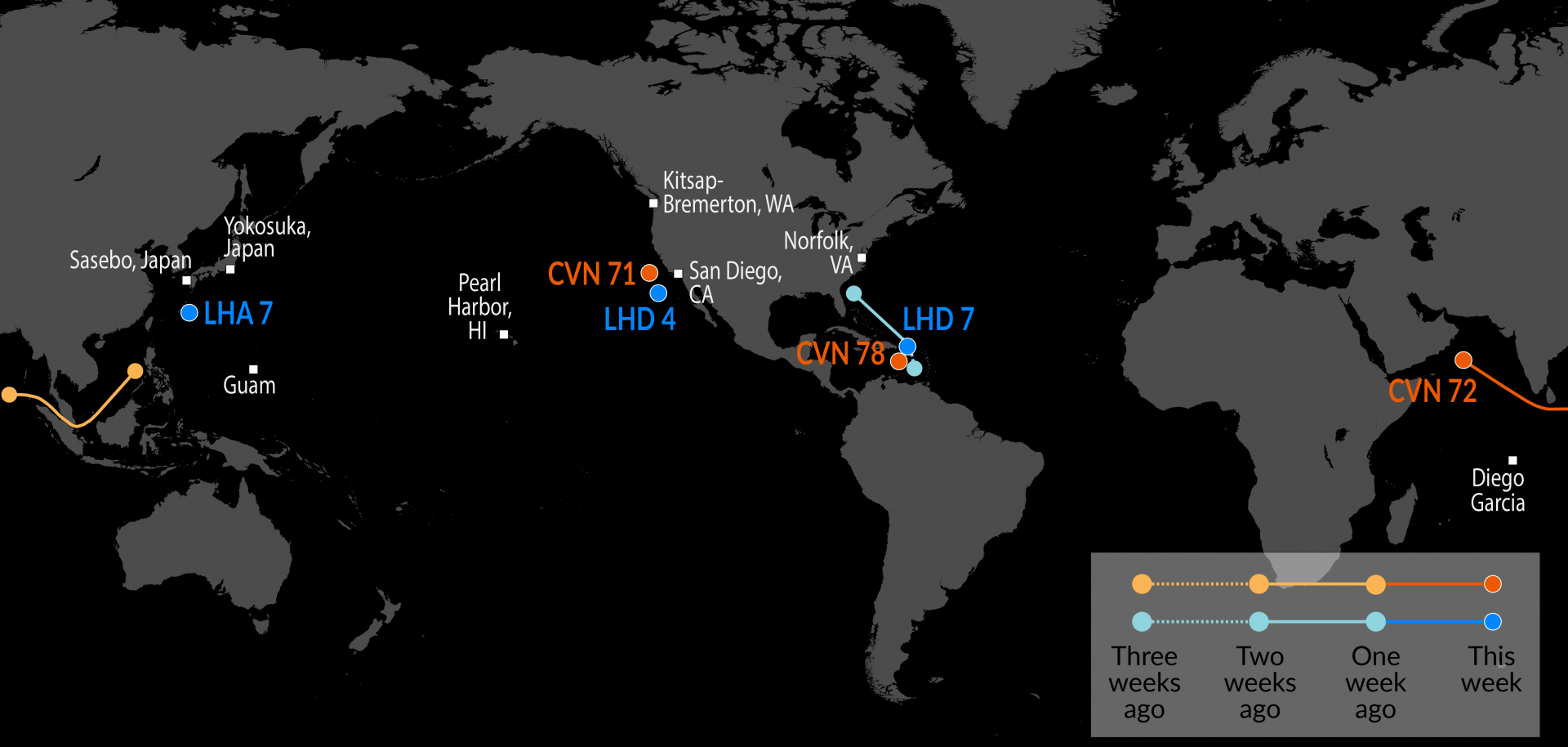 Jan 29th US Navy tracking - USS Abraham Lincoln (CVN-72) has arrived off the coast of Iran Visualization