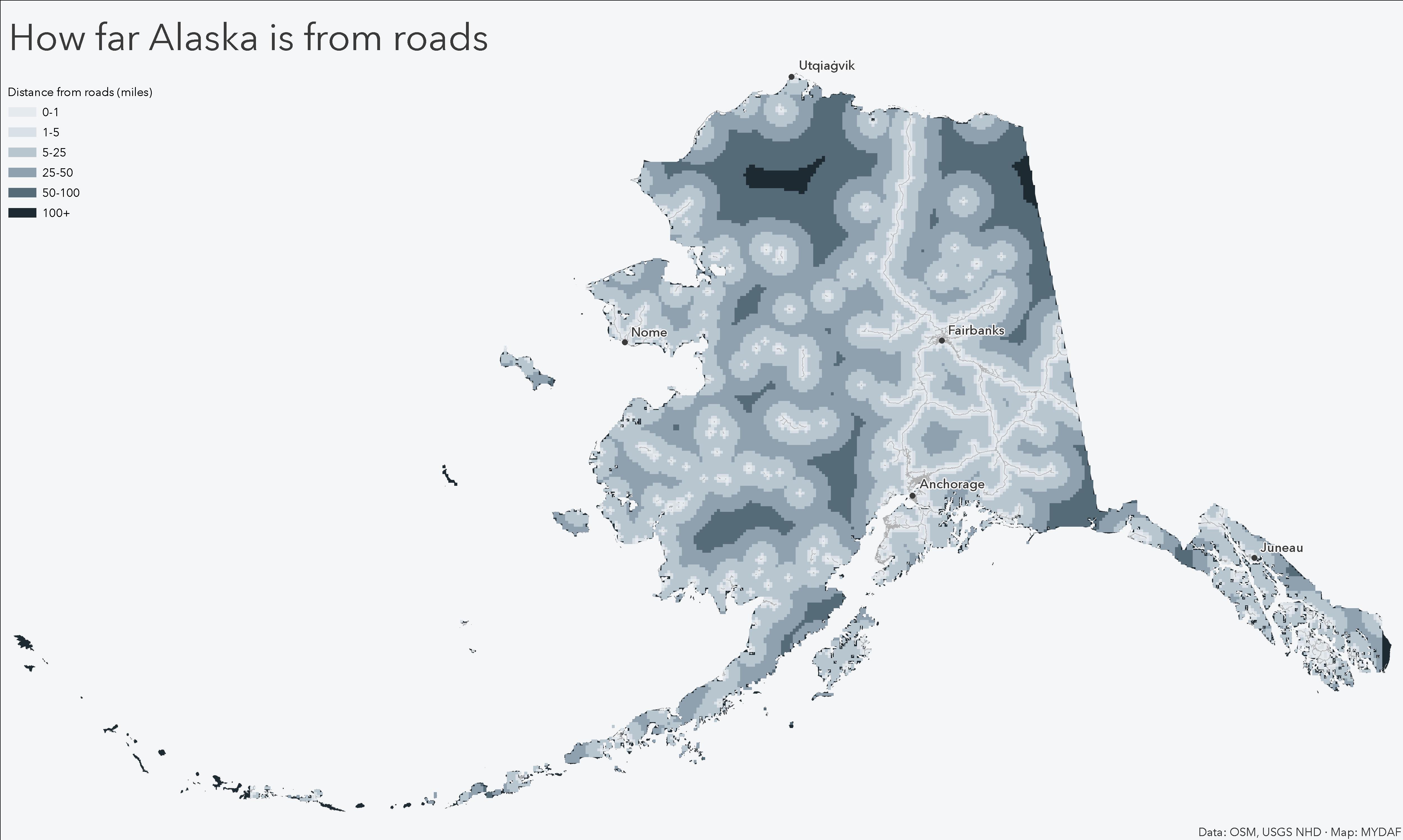 [OC] Distance to the nearest road in Alaska Visualization
