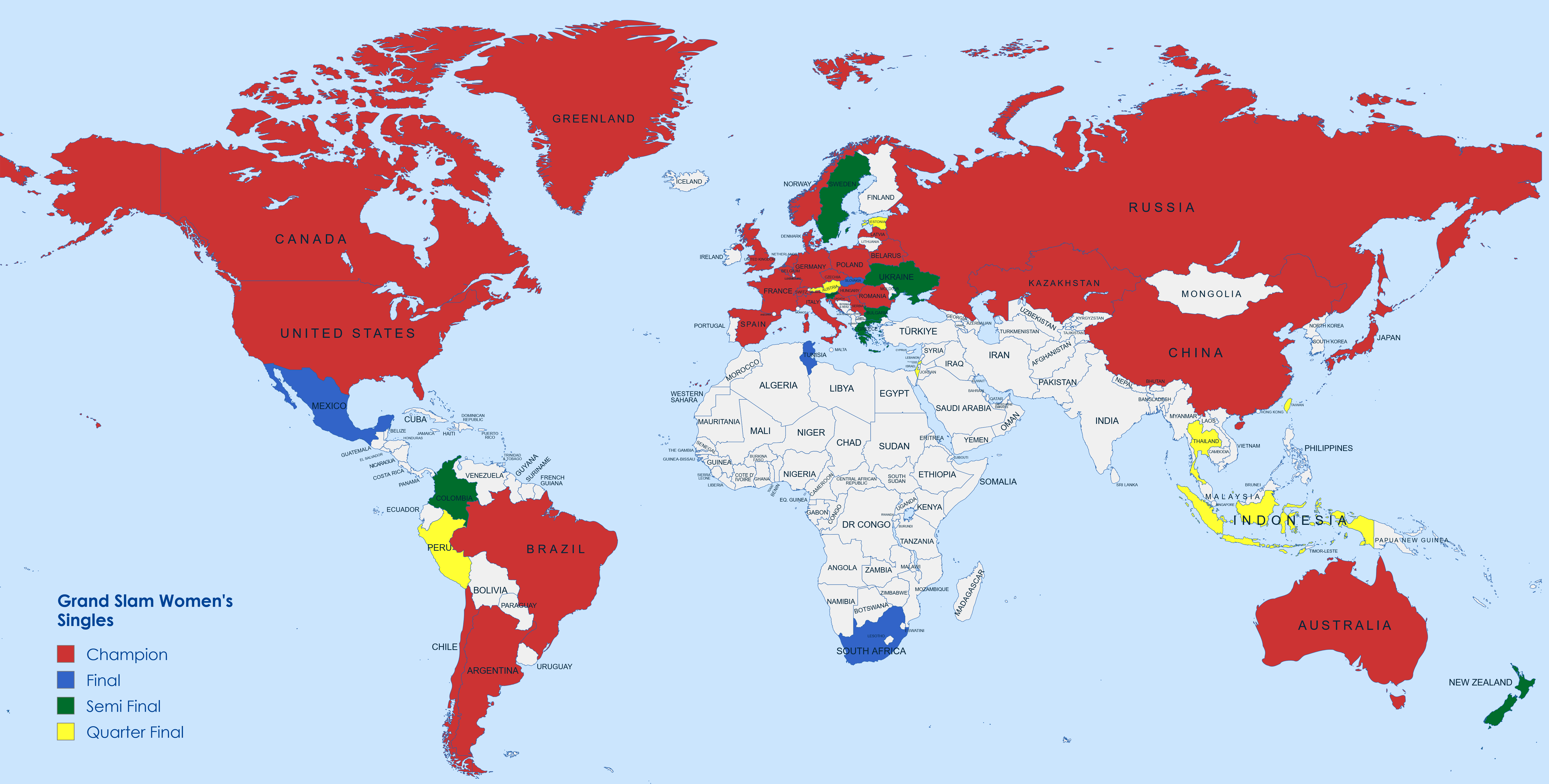 Grand Slam Women's Singles Map [OC] Visualization