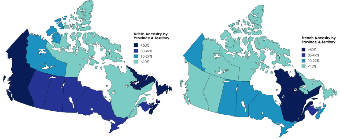 British and French Ancestry in Canada by Province and Territory (%) [OC] Visualization