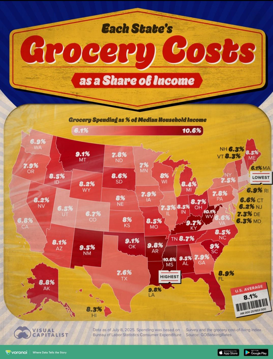 Grocery Costs as a Share of Income by U.S. State Visualization