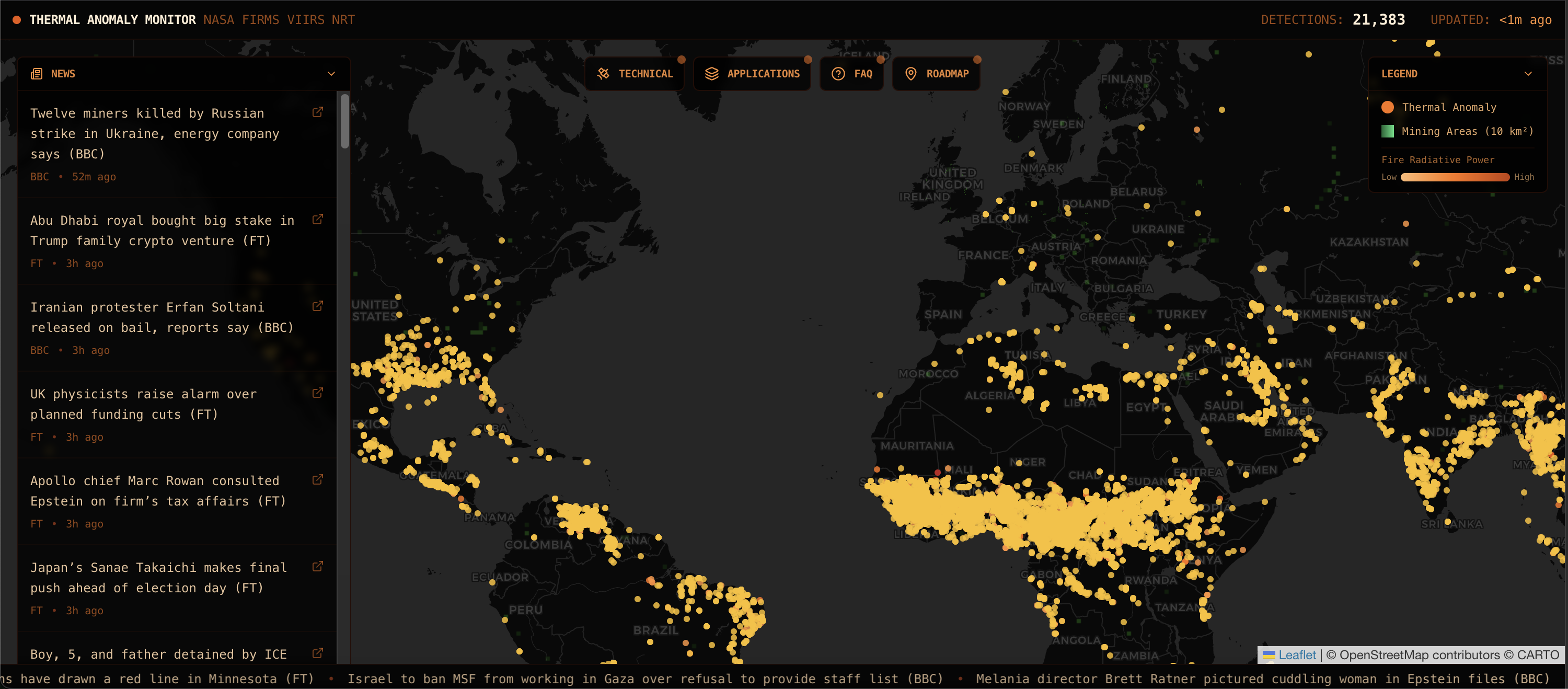 [OC] World thermal anomaly monitor for military strikes, oil/gas production, industrial activity, wildfires, agricultural fires, and many more Visualization