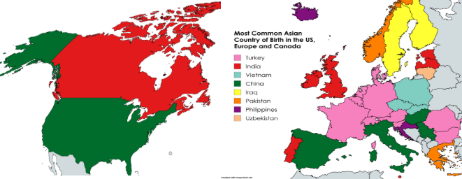 Most Common Asian Country of Birth in the US, Europe and Canada [OC] Visualization