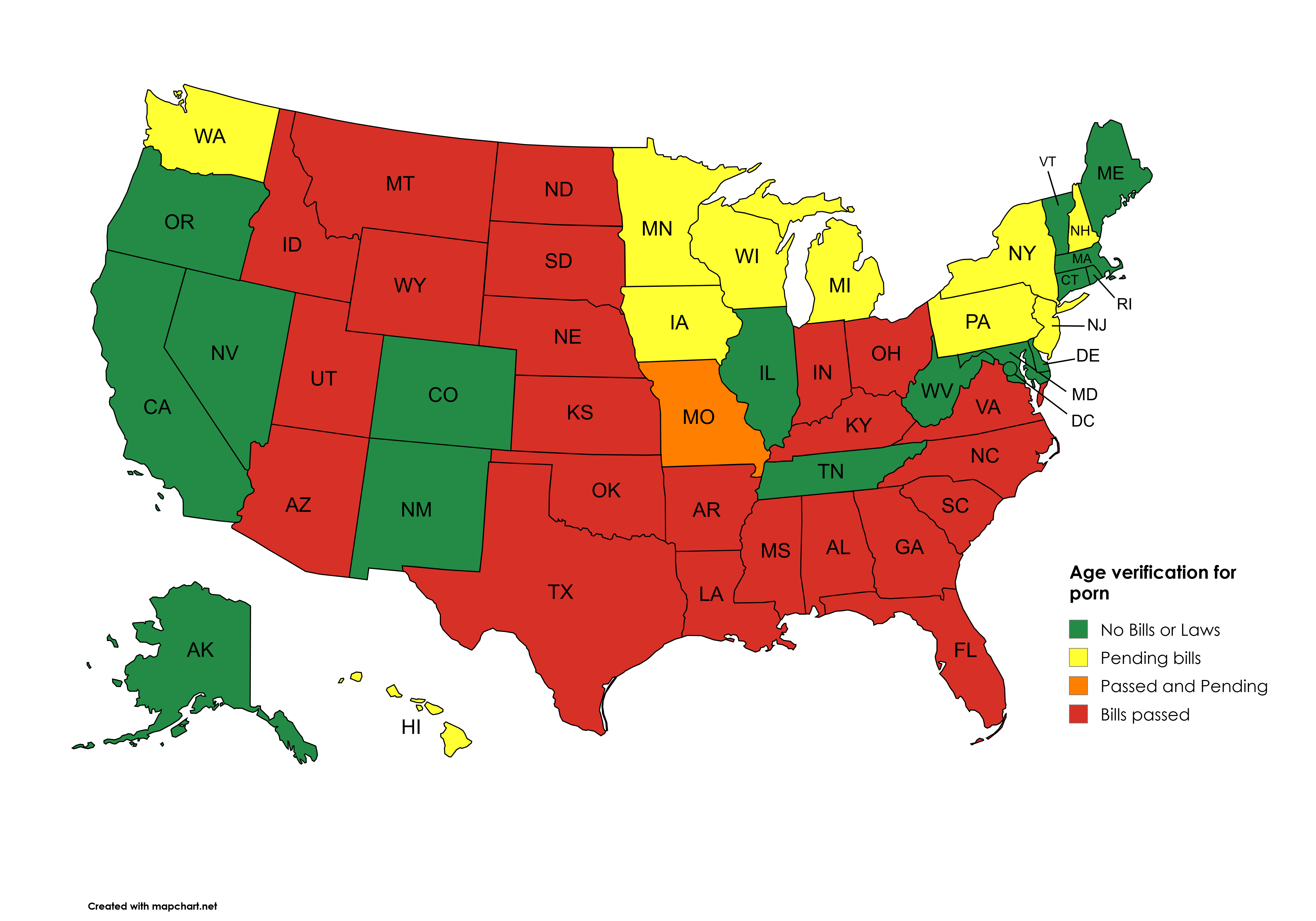 [OC] Current state of age verification for pornography in the US.