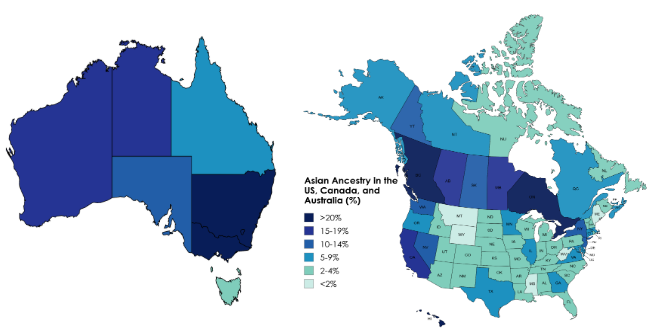 Asian Ancestry in the US, Canada, and Australia (%) [OC] Visualization