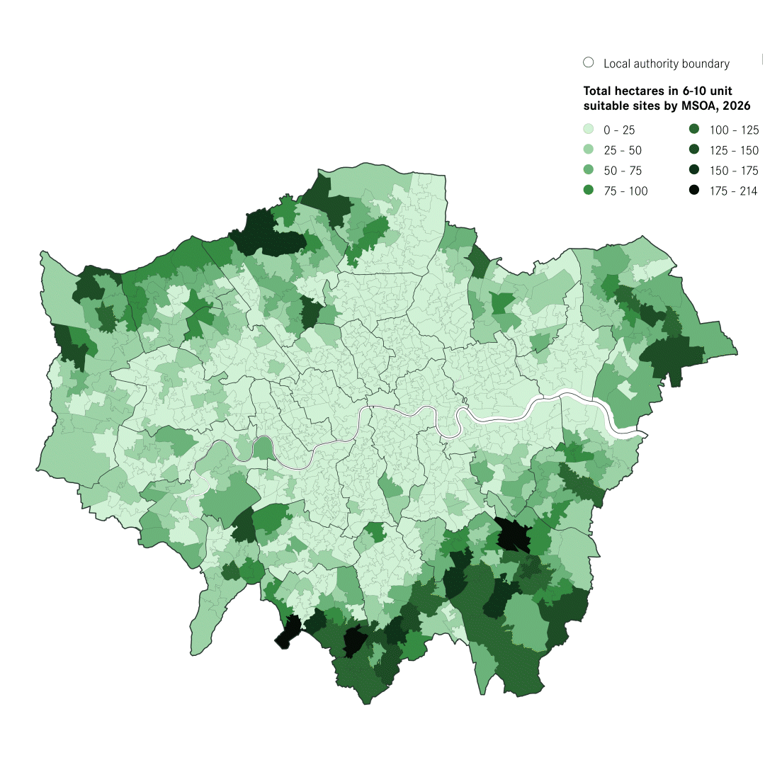 [OC] Total hectares in 6-10 unit suitable sites by MSOA in London (2026) and Croydon (2019), and annual number of new build 6-10 unit developments in Croydon (2020/21 - 2022/23) Visualization