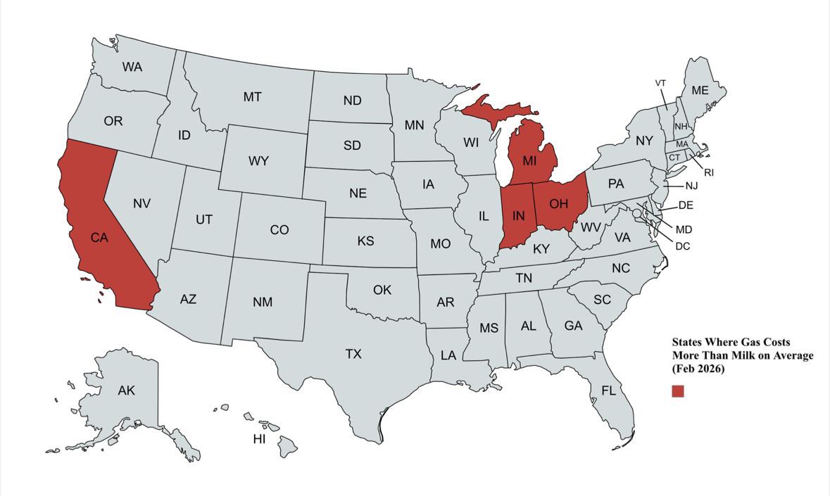 [OC] States Where Gas Costs More Than Milk on Average (Feb 2026) Visualization
