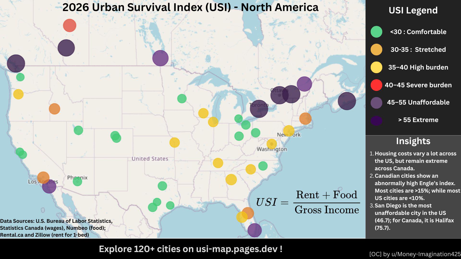 [OC] Comparing rent and food burden across major North American cities Visualization
