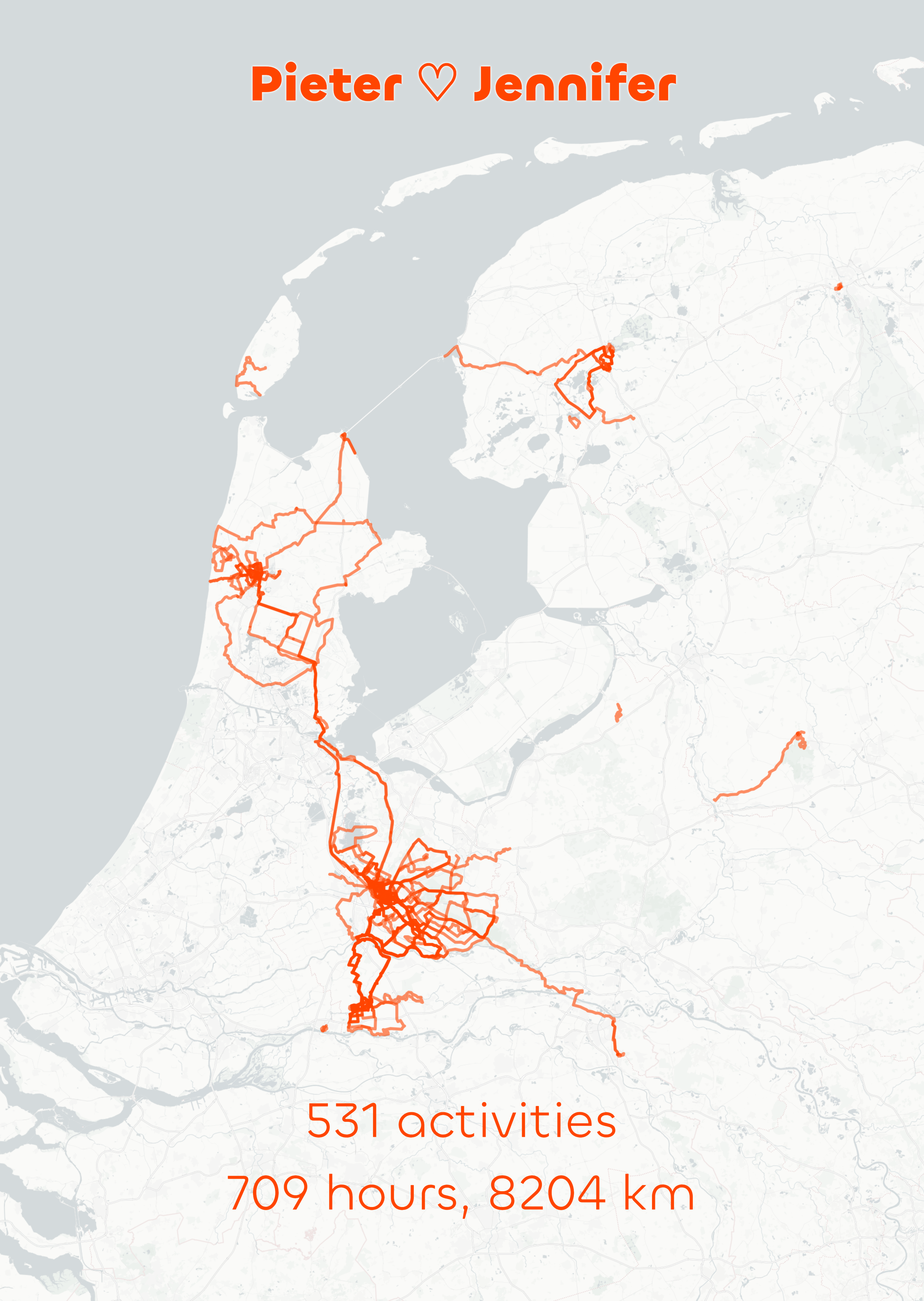 [OC] 8,204 km of activities with my girlfriend. Combined GPS traces of me and my girlfriend over four years (531 activities merged). Visualization