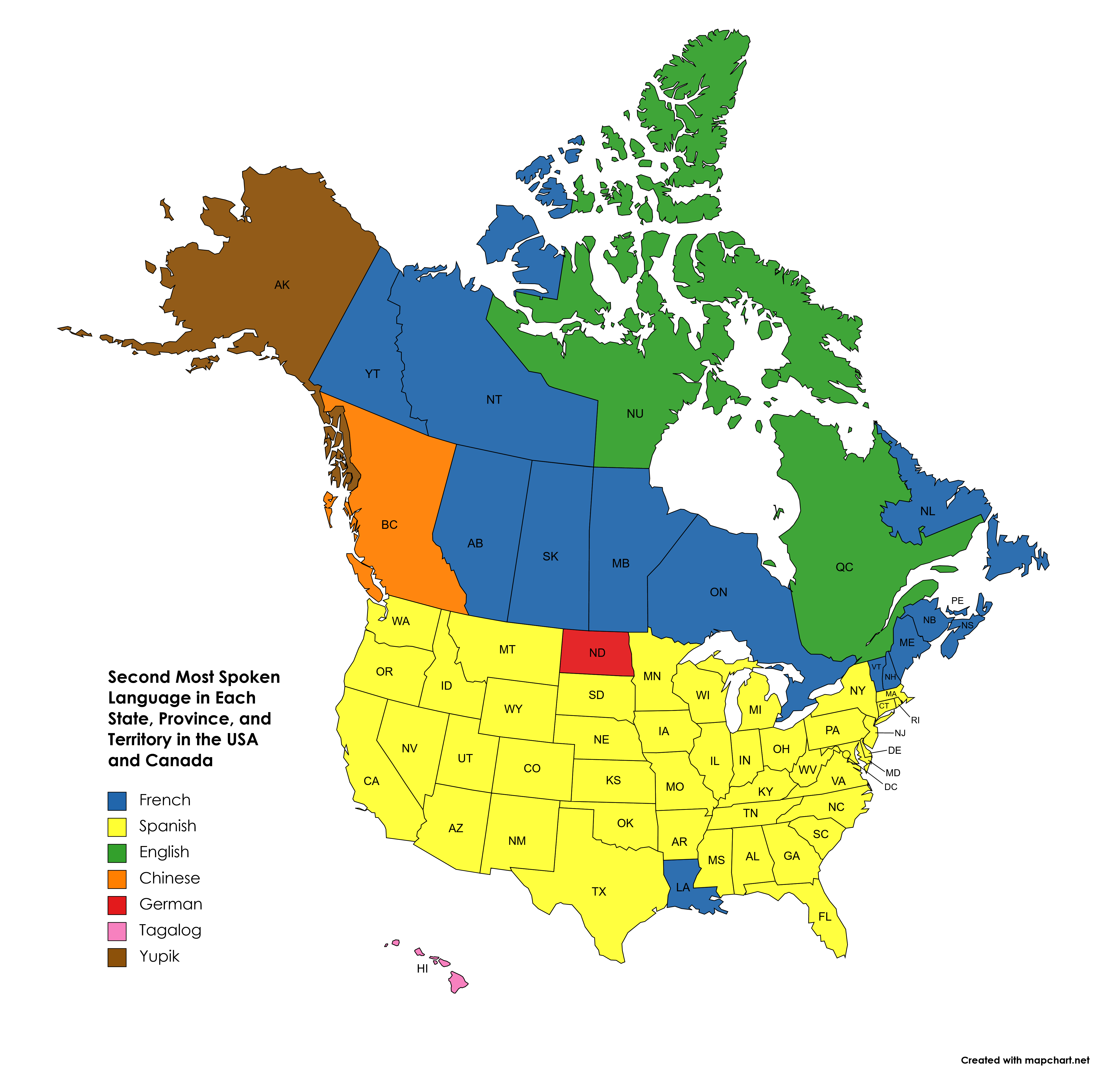 Second Most Spoken Language in the USA &amp; Canada [OC] Visualization