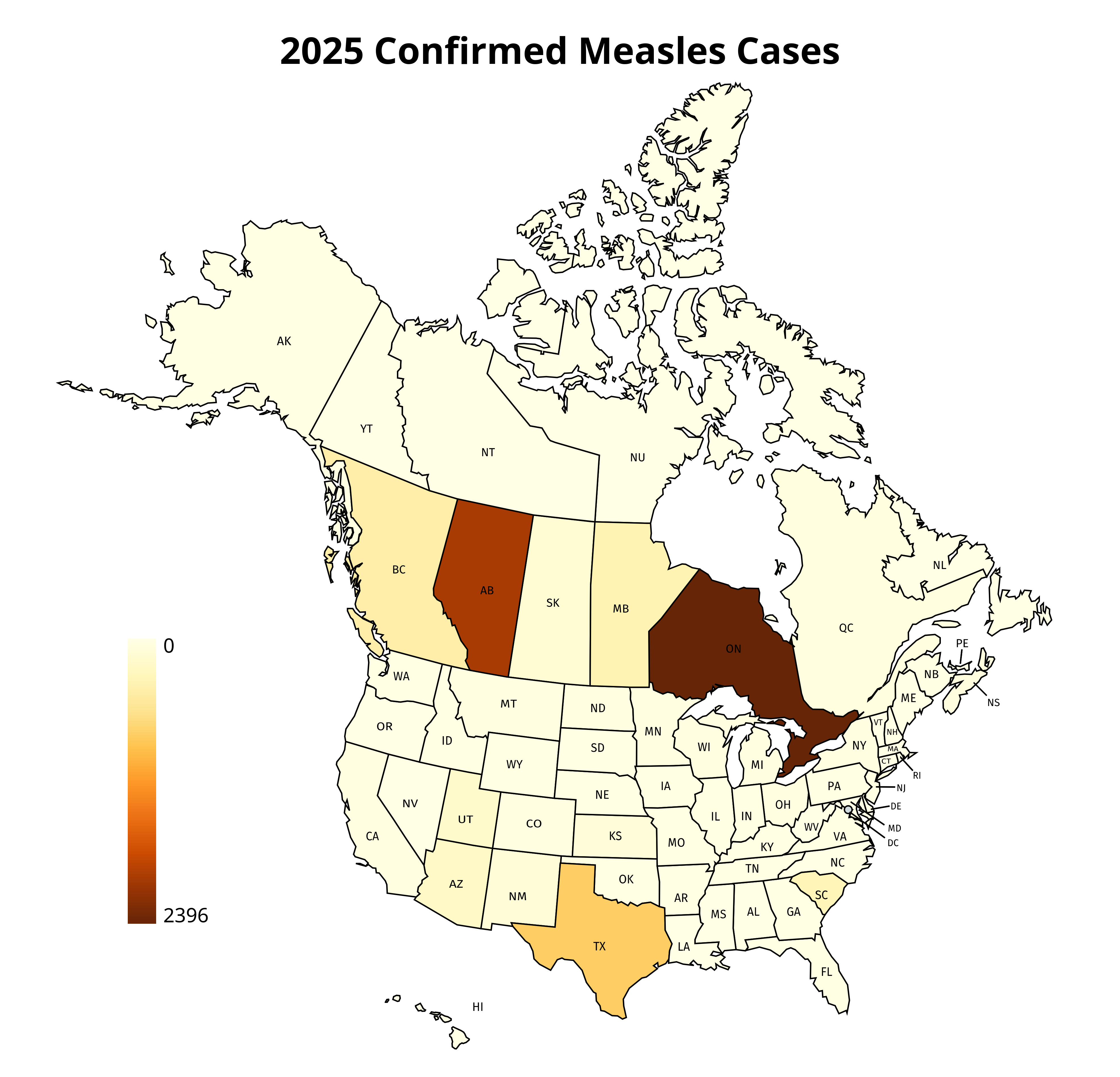 [OC] 2025 Measles Cases in the US and Canada Visualization