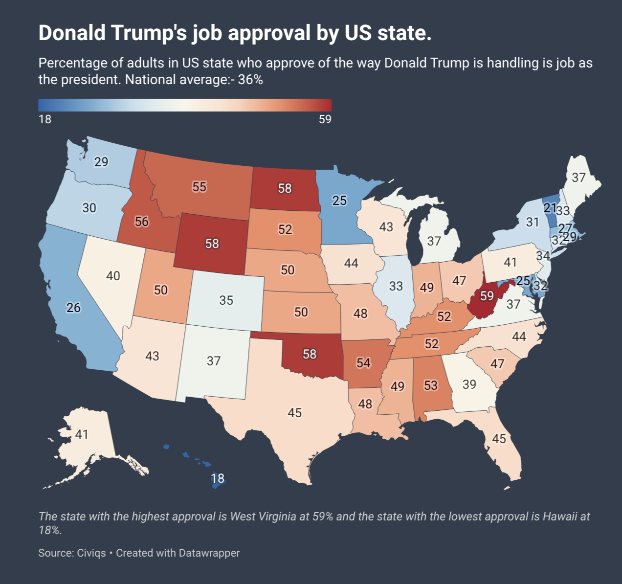 [OC] Donald Trump's job approval in the US by state Visualization