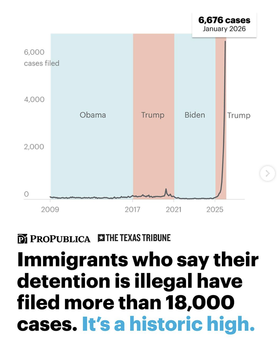 As federal immigration agents surge into communities and detain people, the number of cases filed by those claiming their detention is illegal has risen to historic highs. Visualization