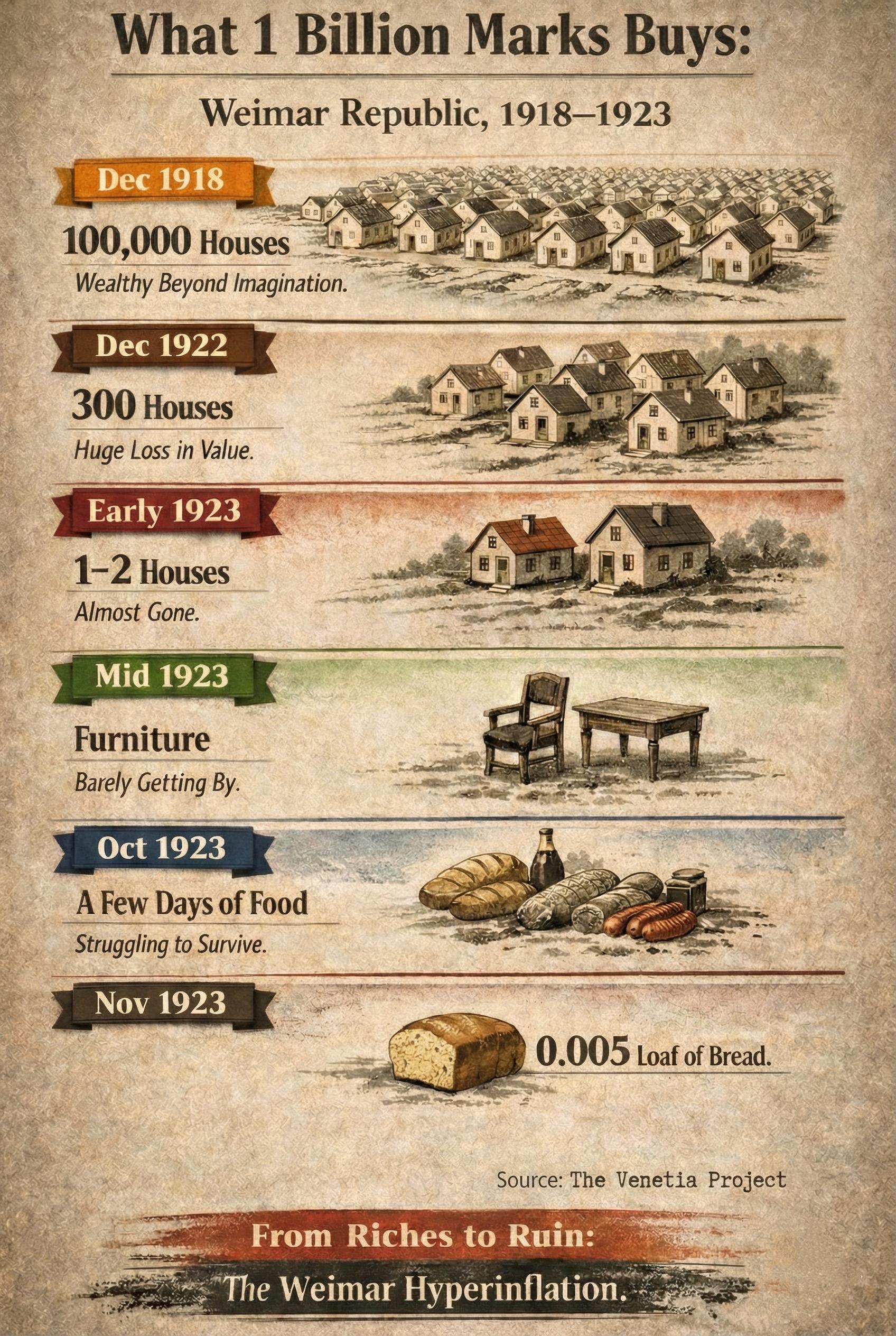 From 100,000 Houses to a Crumb of Bread: Visualizing the Weimar Hyperinflation (The Purchasing Power of 1 Billion Marks, 1918–1923) Visualization From 100,000 Houses to a Crumb of Bread: Visualizing the Weimar Hyperinflation (The Purchasing Power of 1 Billion Marks, 1918–1923) Visualization