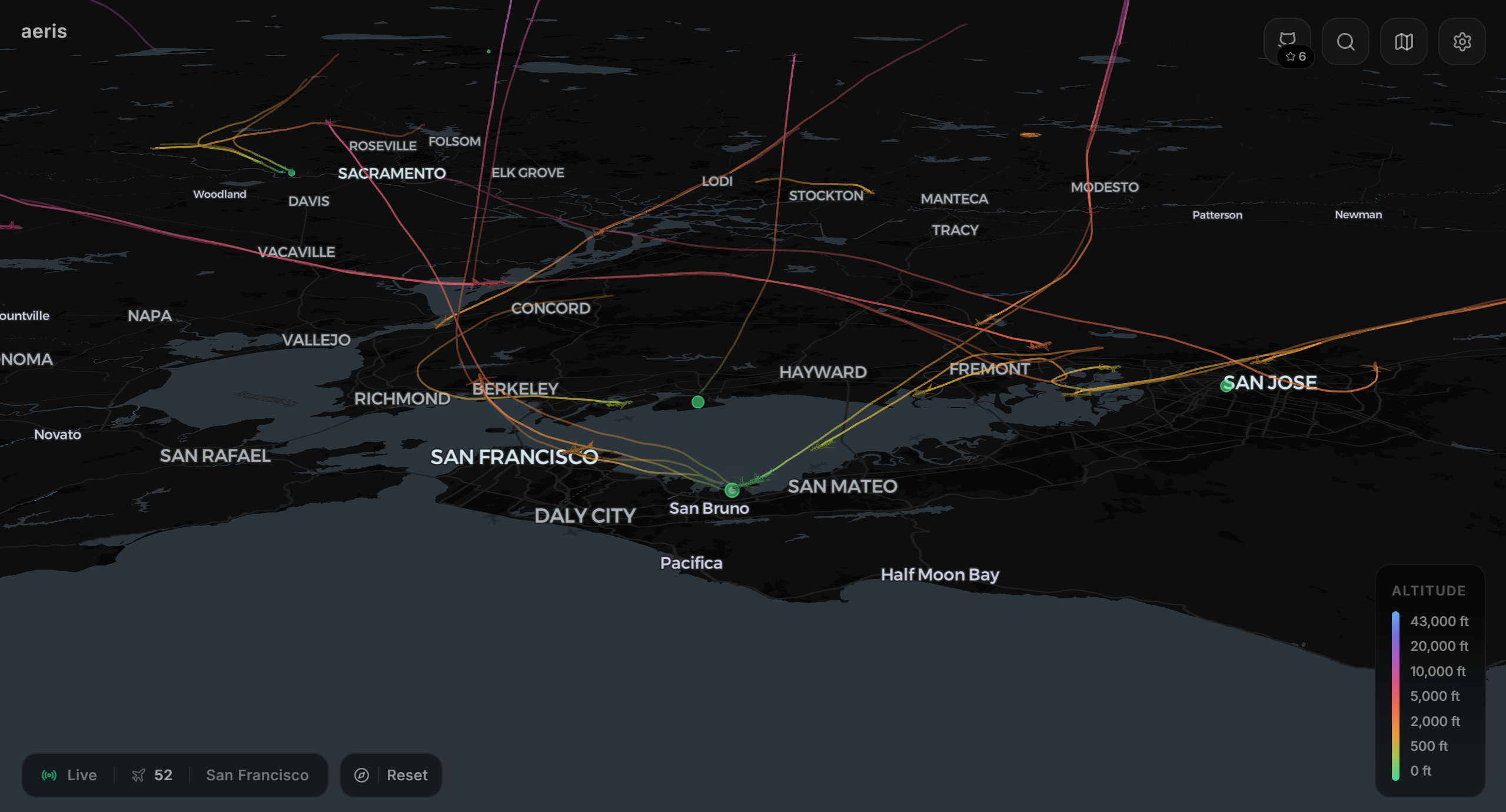 [OC] I made a flight tracker that separates planes by altitude using colors. It’s strangely satisfying to watch. The image for example shows the rush at SFO and SJC visually. Visualization