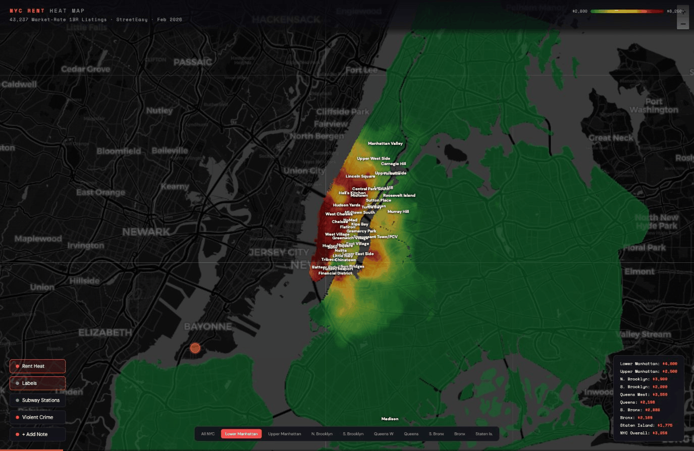 NYC Rent Heat Map [OC] Visualization