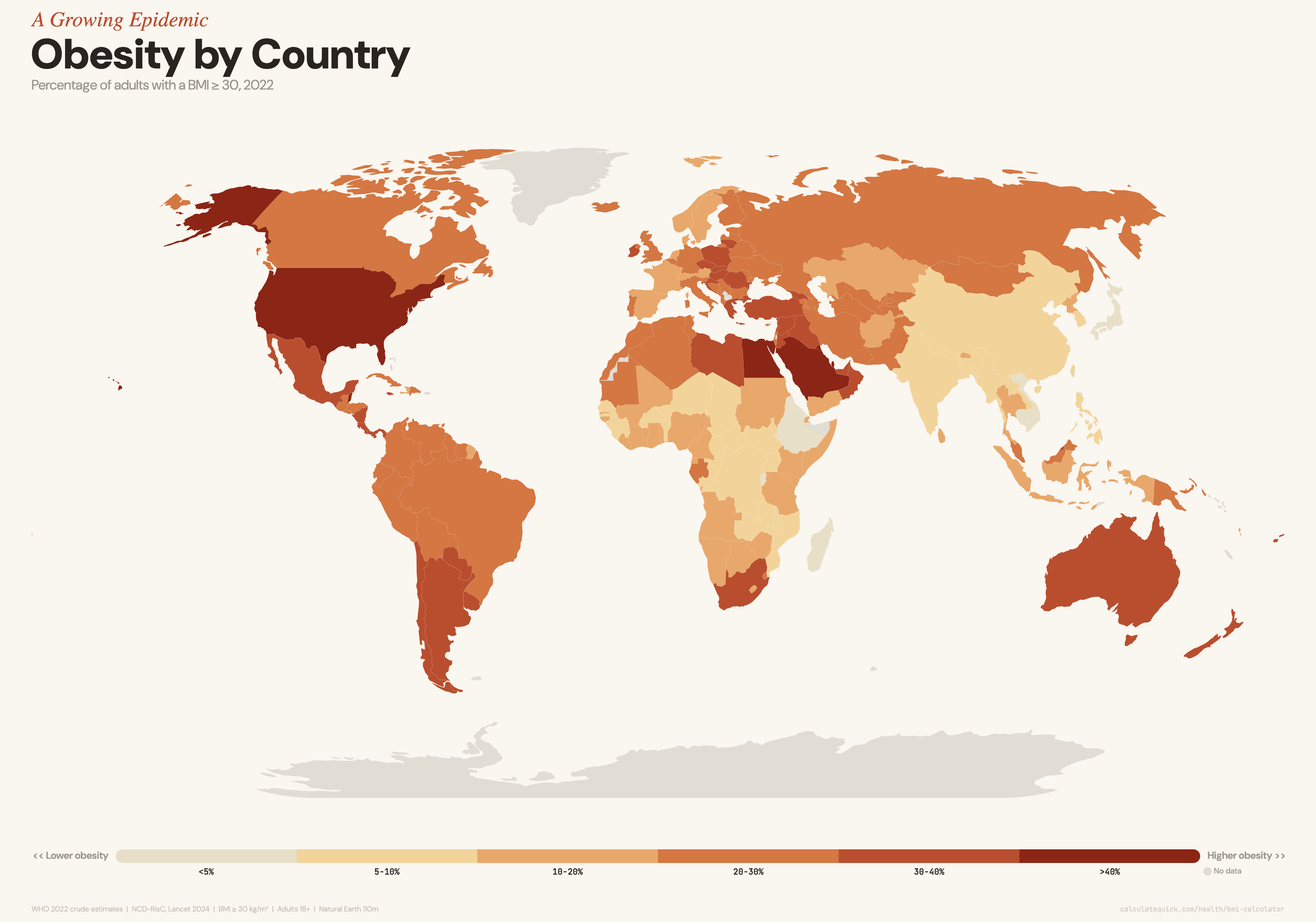 [OC] Adult Obesity Rates Around the World - Over 40% of American, Egyptian, and Kuwaiti Adults Are Obese Visualization
