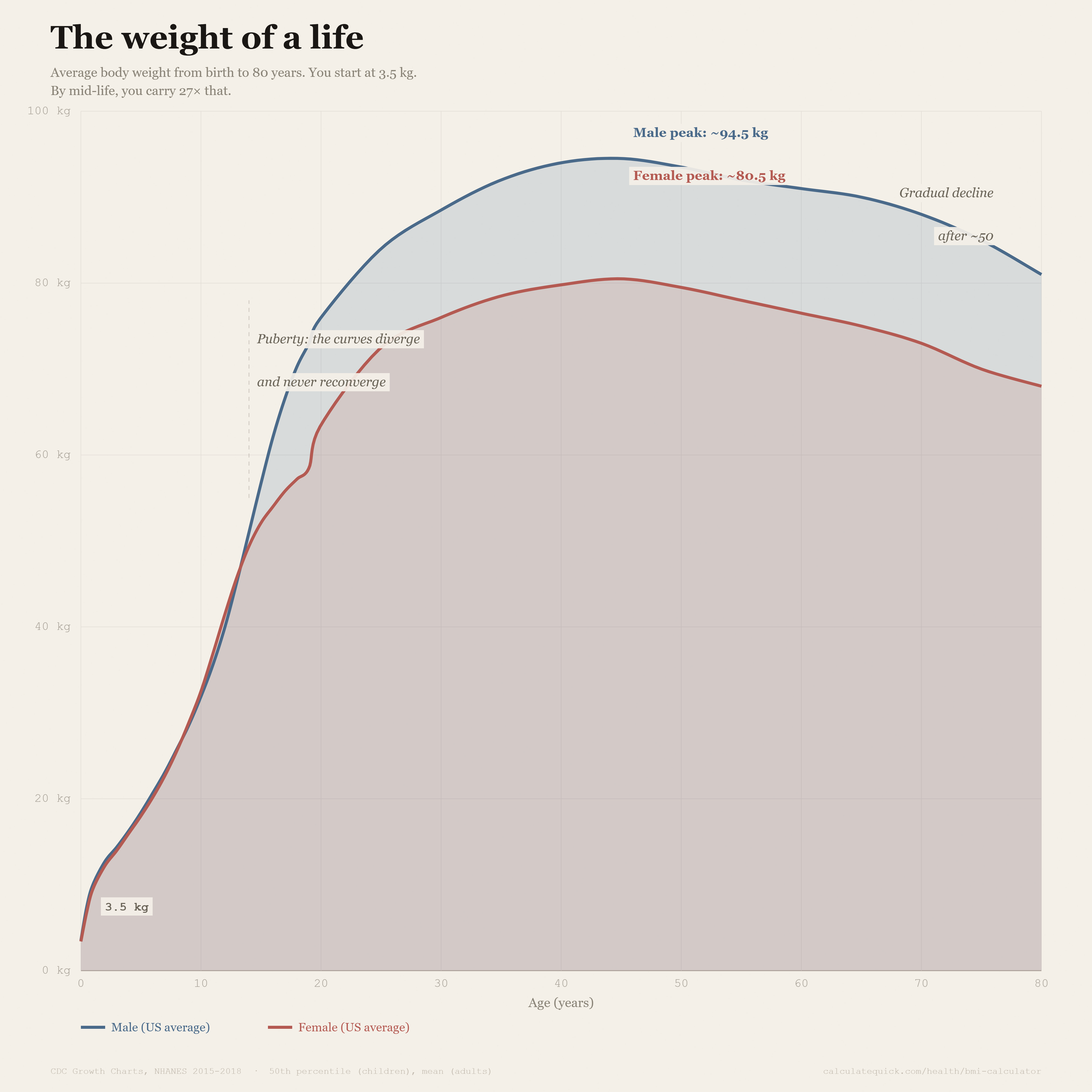 [OC] The Weight of a Life - Average Body Weight From Birth to 80 Years Visualization