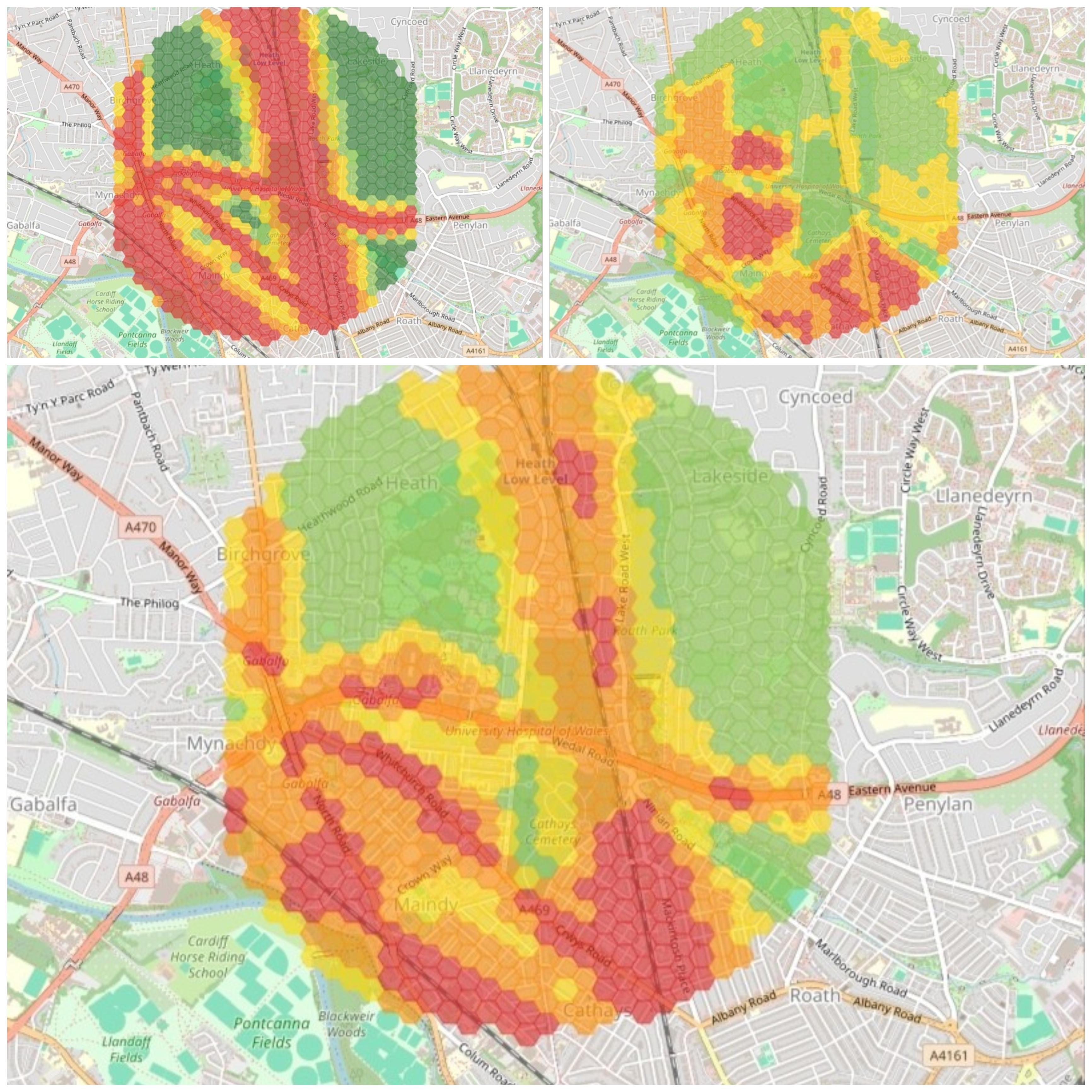[OC] Cardiff heat map based on environmental noise levels (1), green space ratio (2) and the two combined (3) Visualization