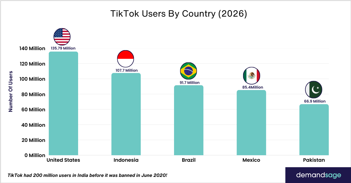 [OC] TikTok Users By Country Top 5 (India Had 200 Million Users Before Ban) Visualization