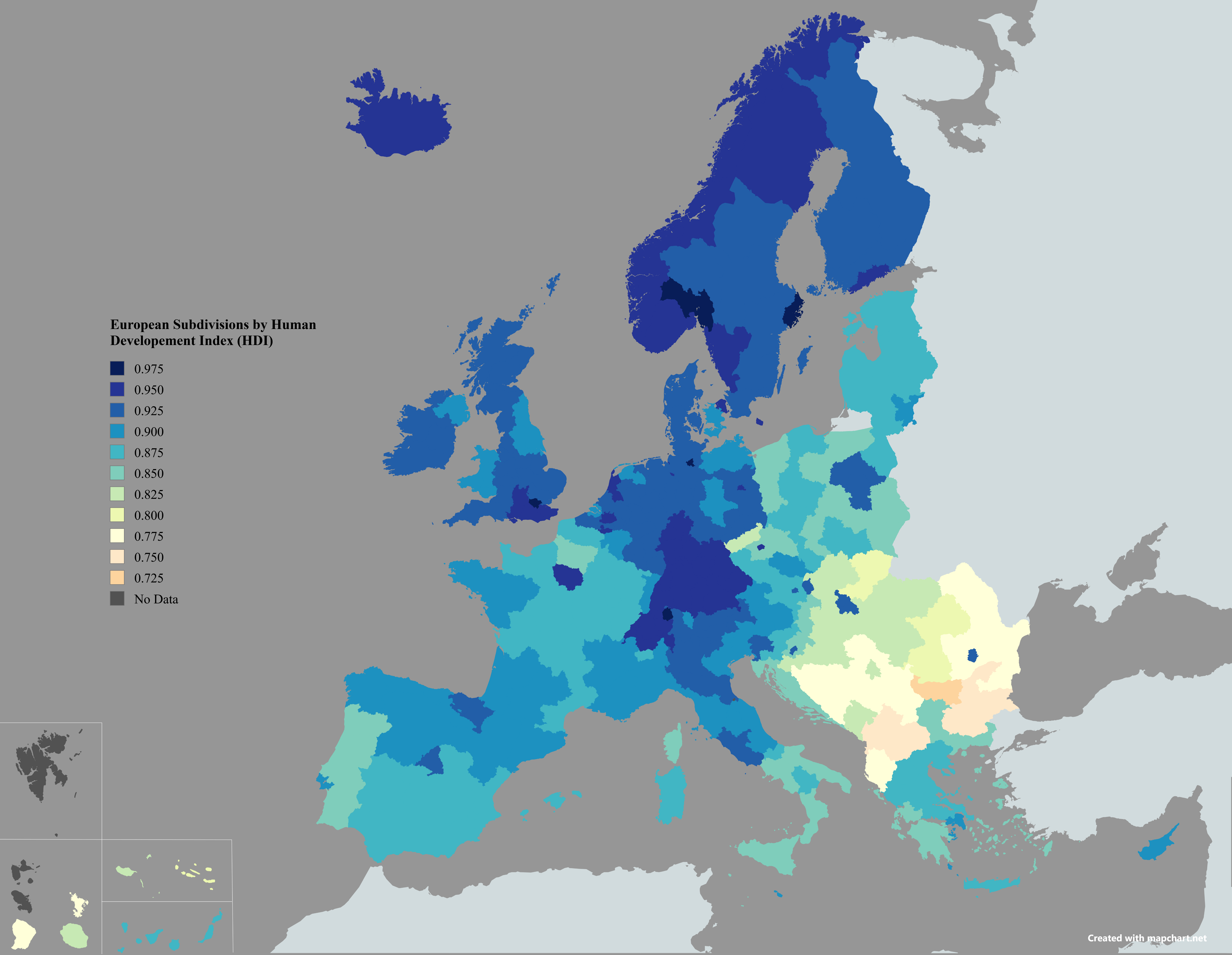 European Subdivisions by Human Developement Index (HDI) [OC] Visualization