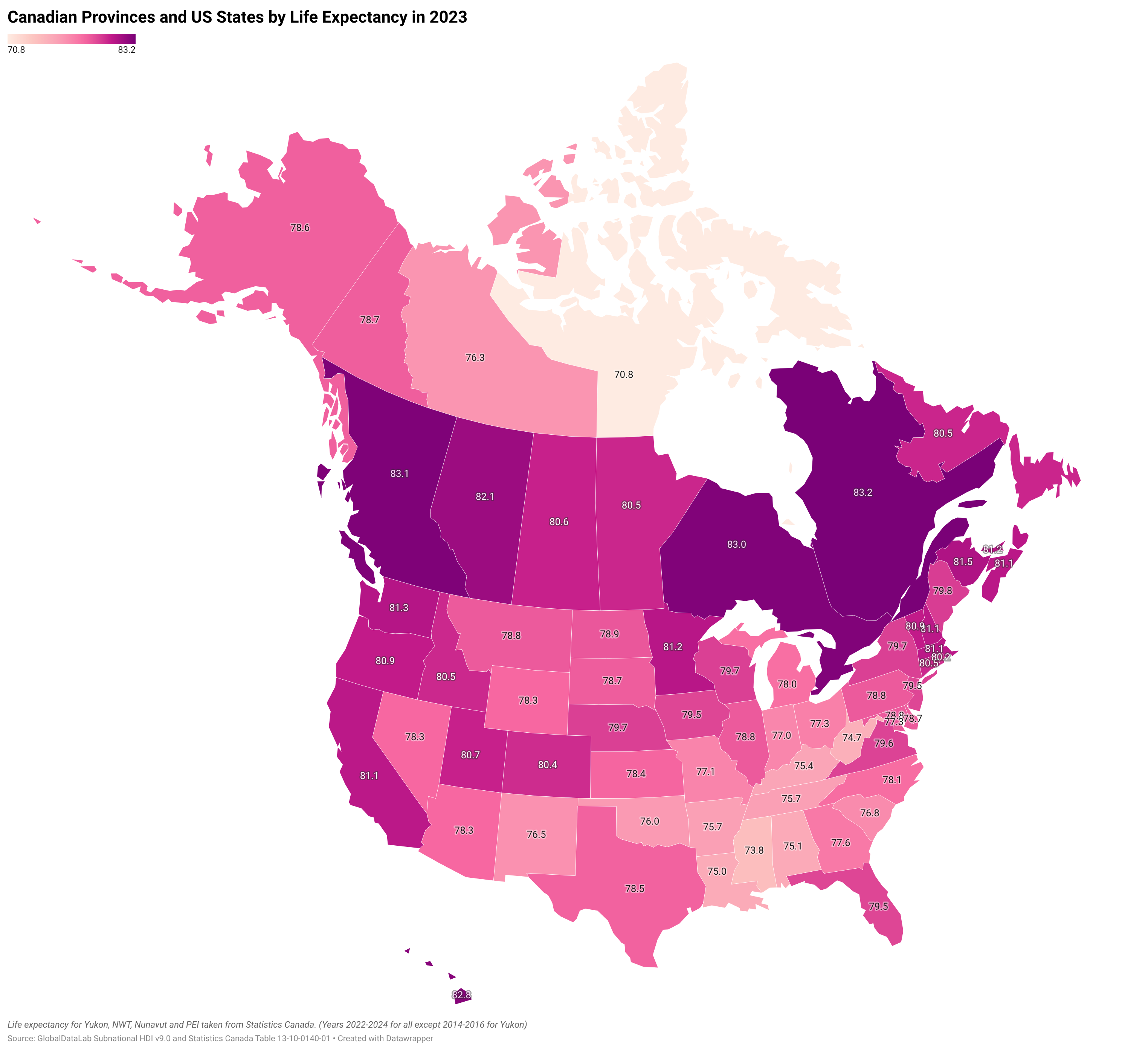 Canadian Provinces and US States by Life Expectancy in 2023 [OC] Visualization