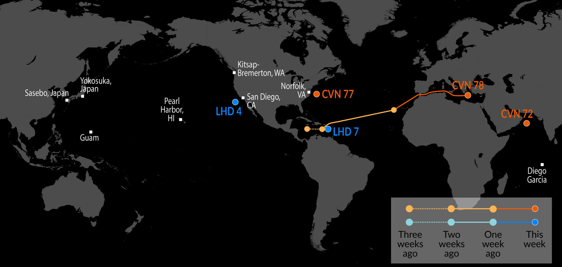 Feb 26th US Navy tracking - The world's largest aircraft carrier and warship USS Gerald R. Ford (CVN-78) has arrived at Crete to be ready for possible strikes on Iran Visualization